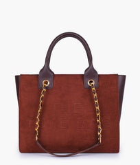 Dark brown suede chain handle tote