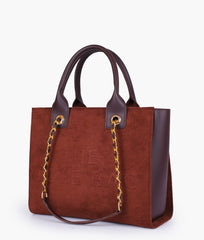 Dark brown suede chain handle tote