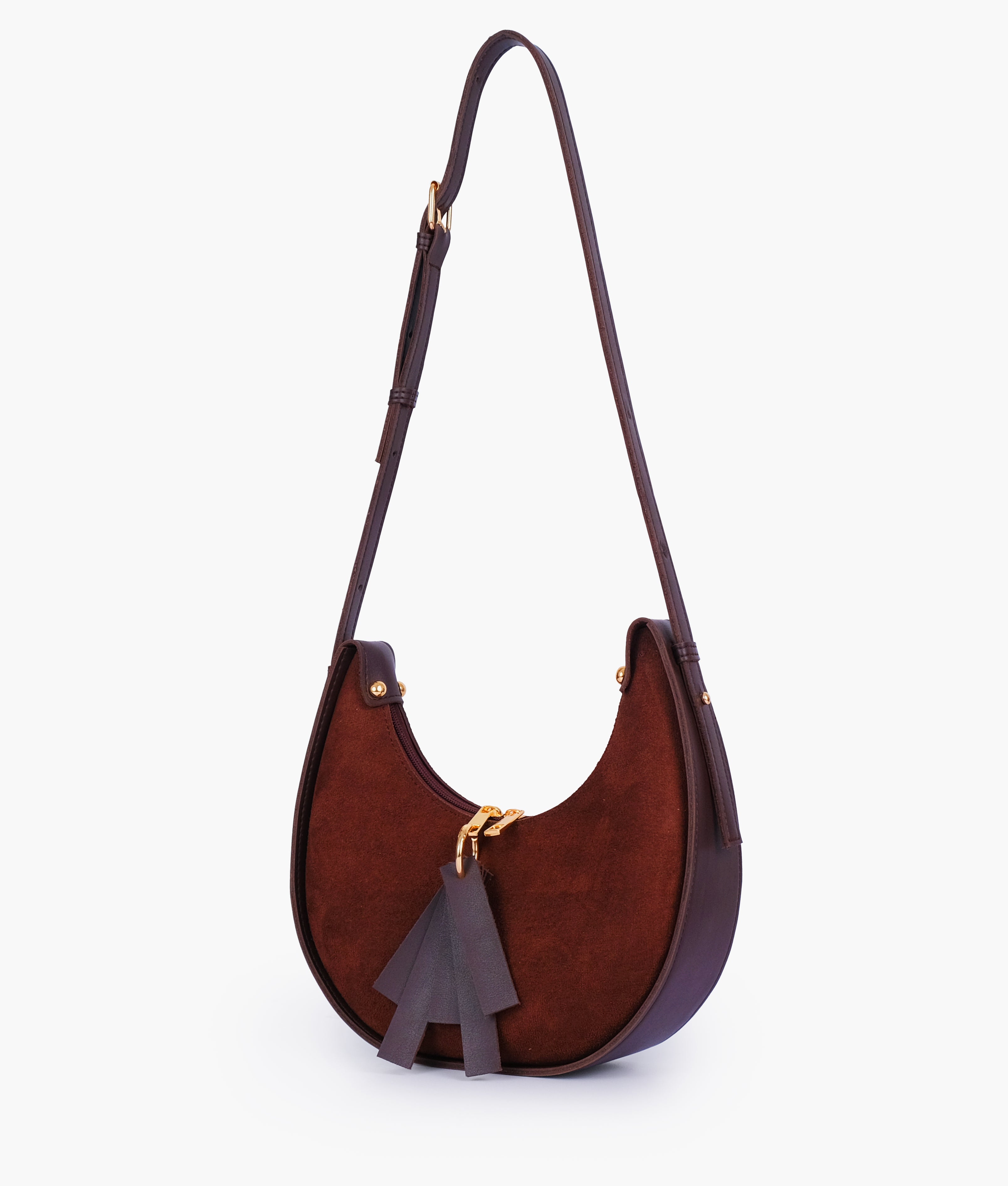 Dark brown suede crescent hobo bag