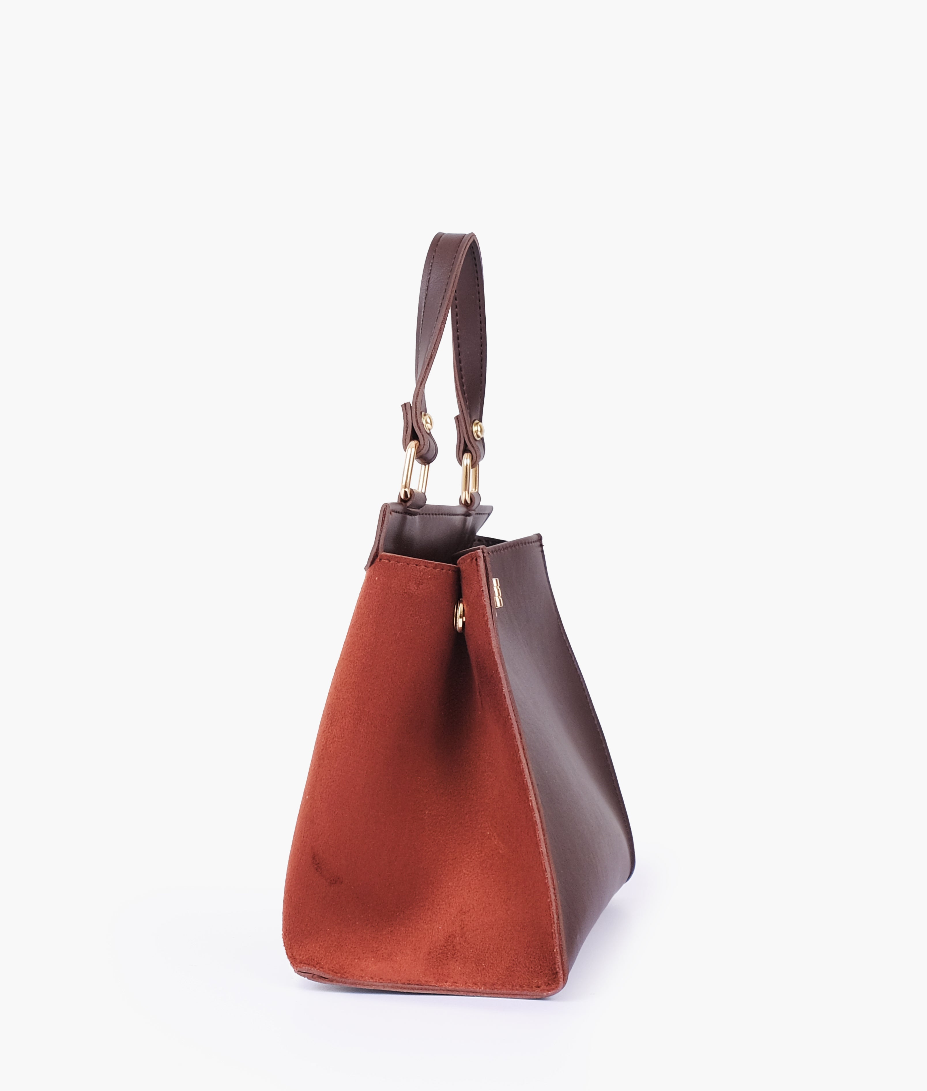 Dark brown suede front lock top-handle mini bag