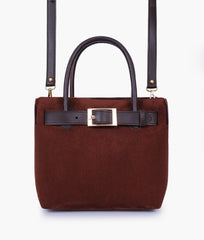 Dark brown suede handbag with front buckle