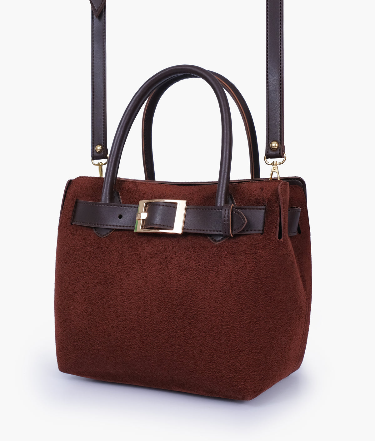 Dark brown suede handbag with front buckle