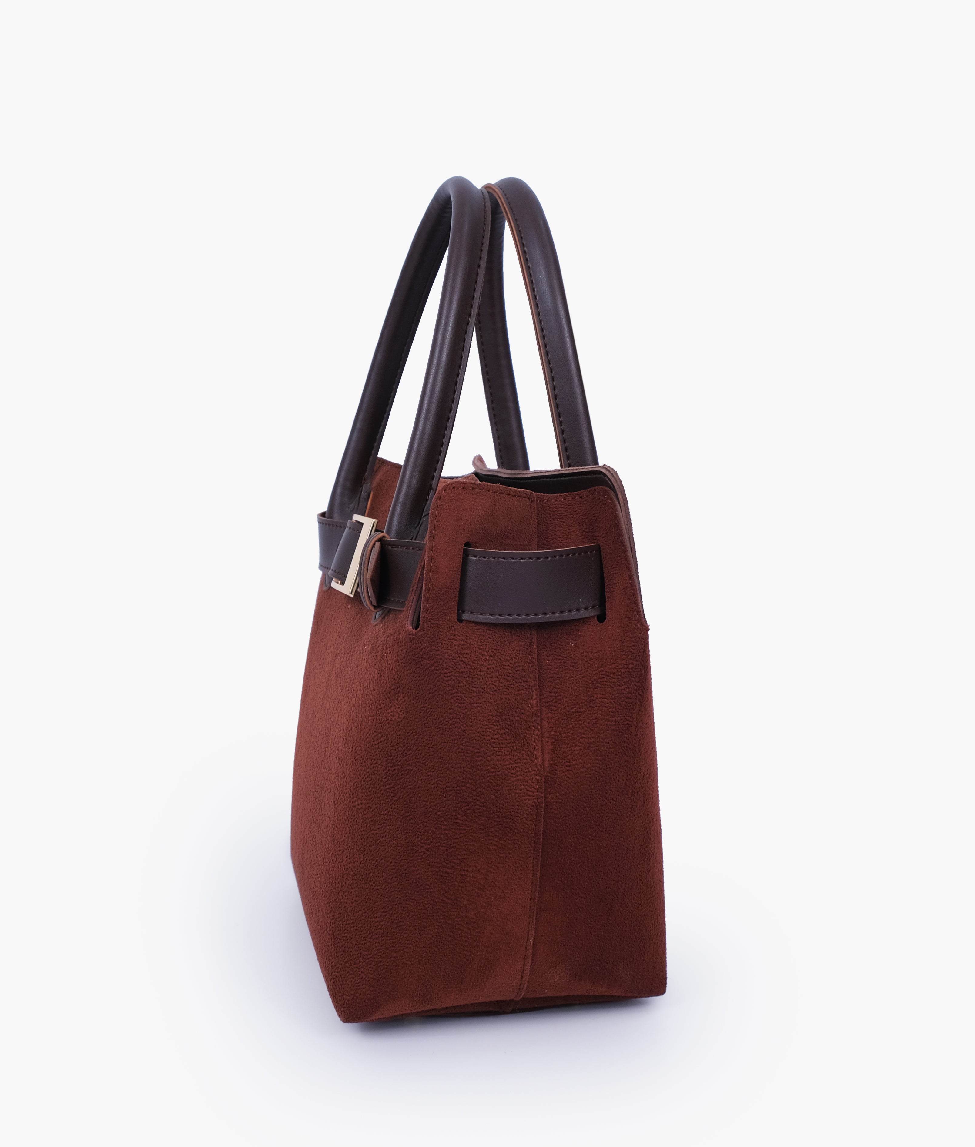 Dark brown suede handbag with front buckle