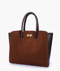 Dark brown suede tote bag with multiple compartments