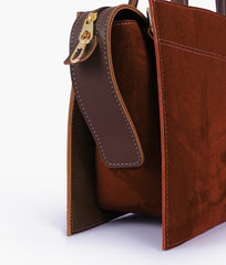 Dark brown suede trapeze top-handle bag