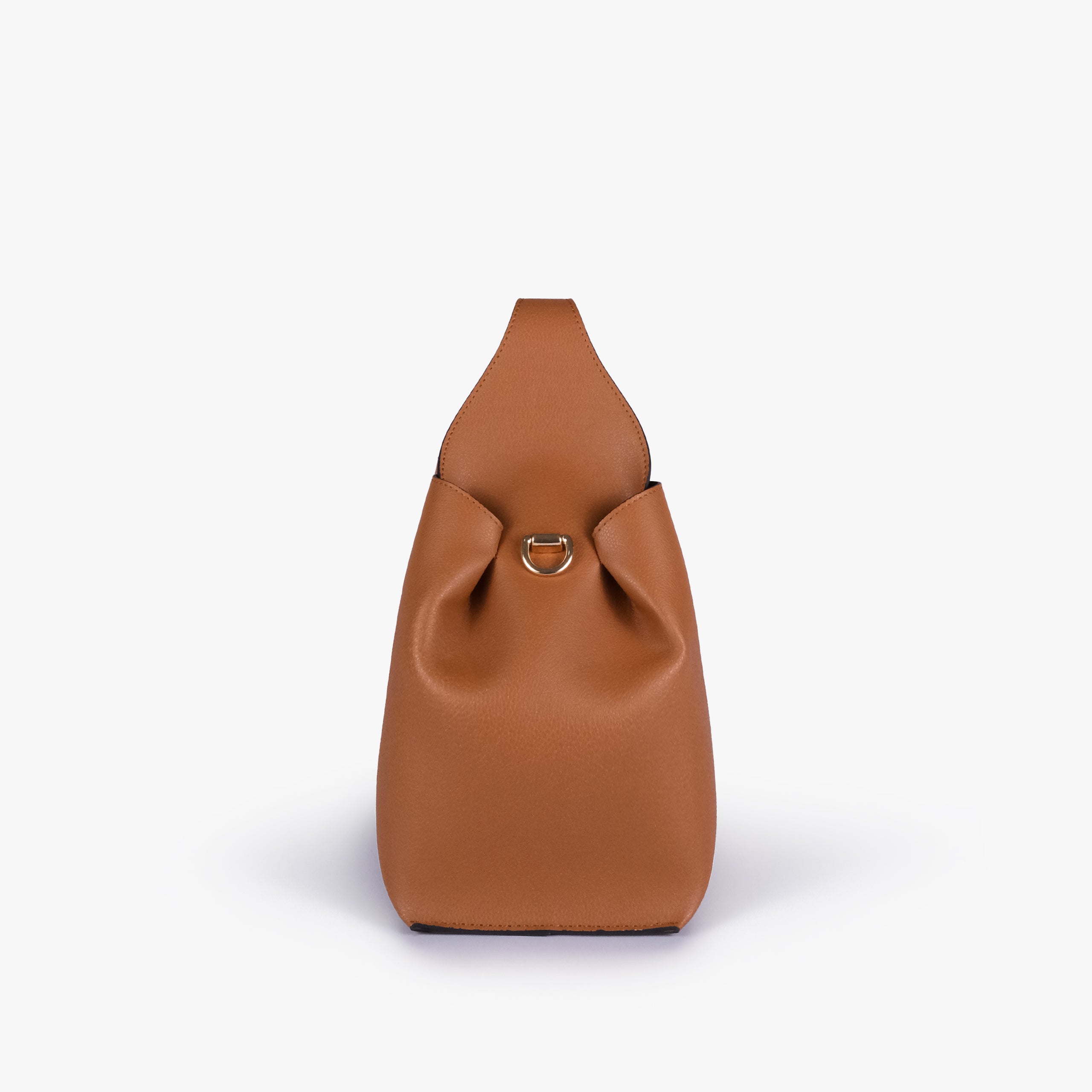 Side profile of Tan draped mini tote