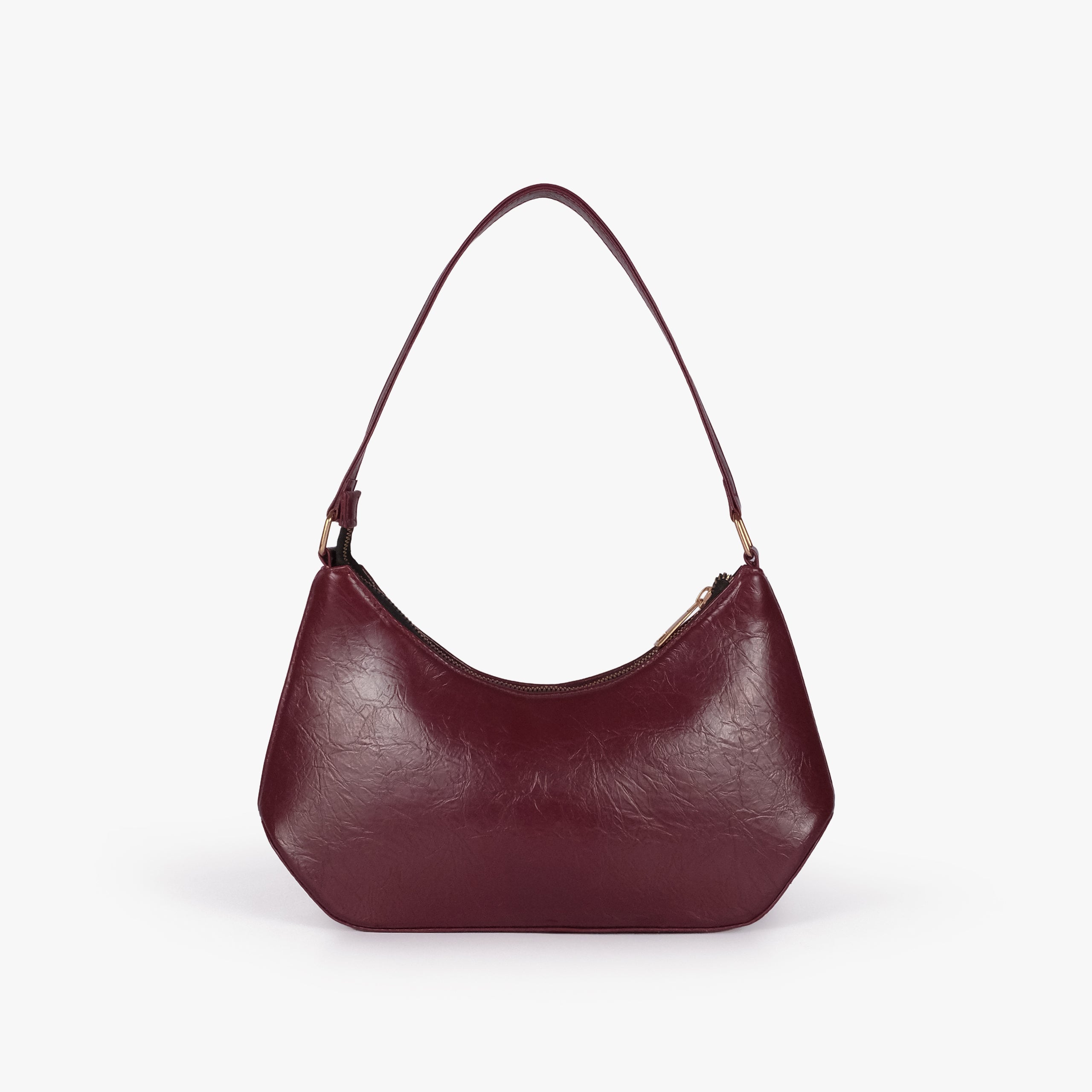 Maroon crinkle shoulder bag — back view showing the plain crinkle faux-leather panel and curved body shape