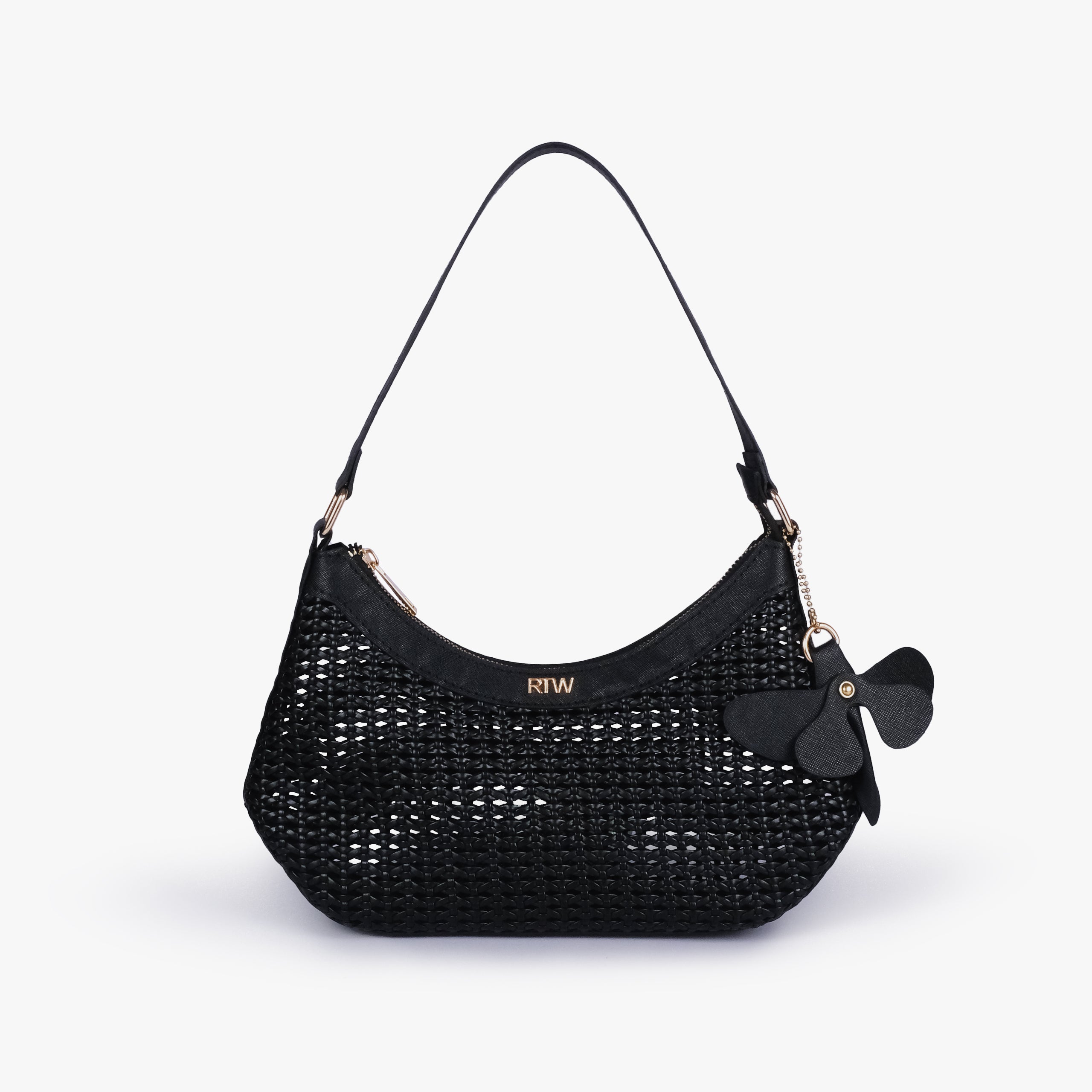 Front view of Black woven shoulder bag