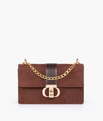 Dark brown suede east-west shoulder bag with half chain
