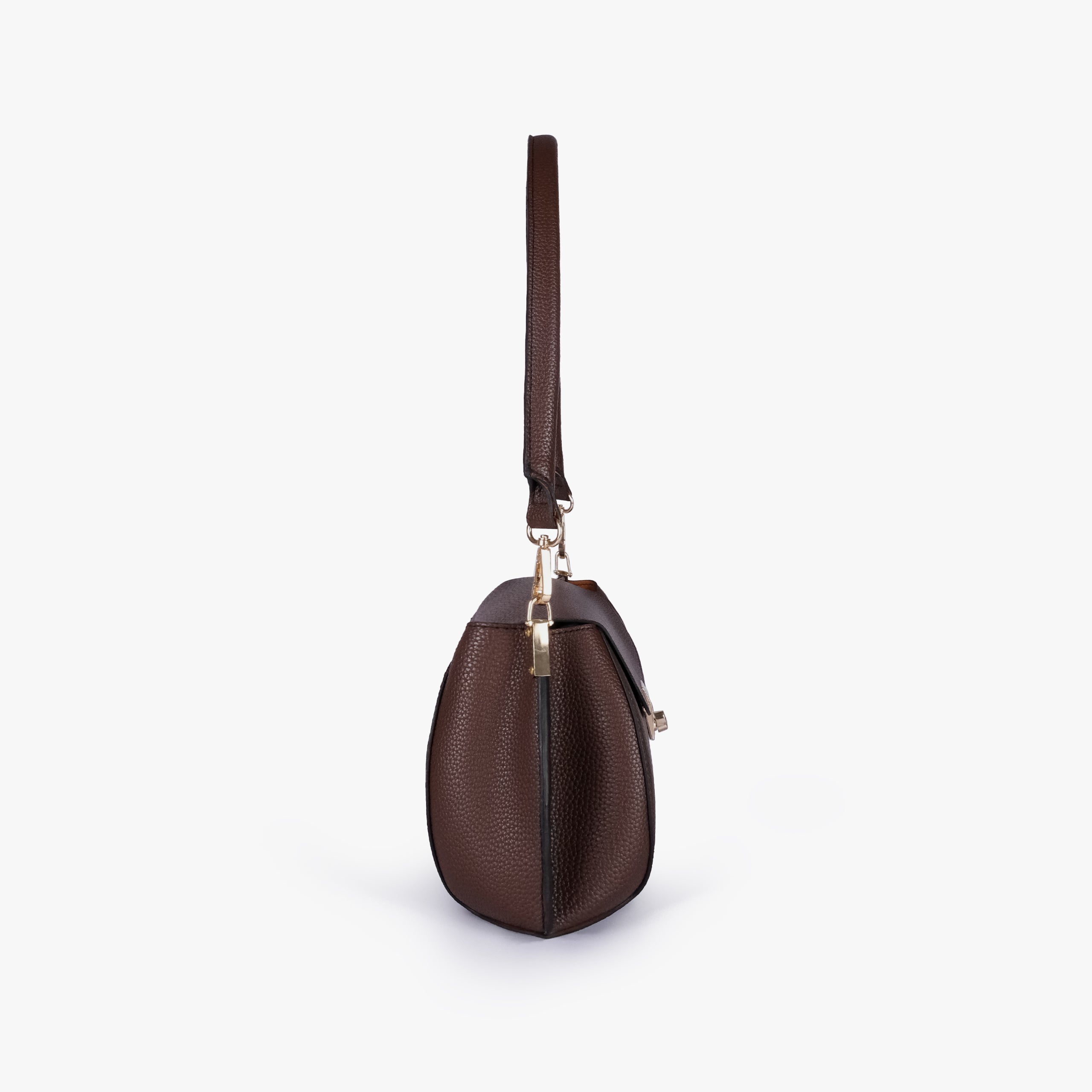 Side profile of Dark brown pebble baguette bag