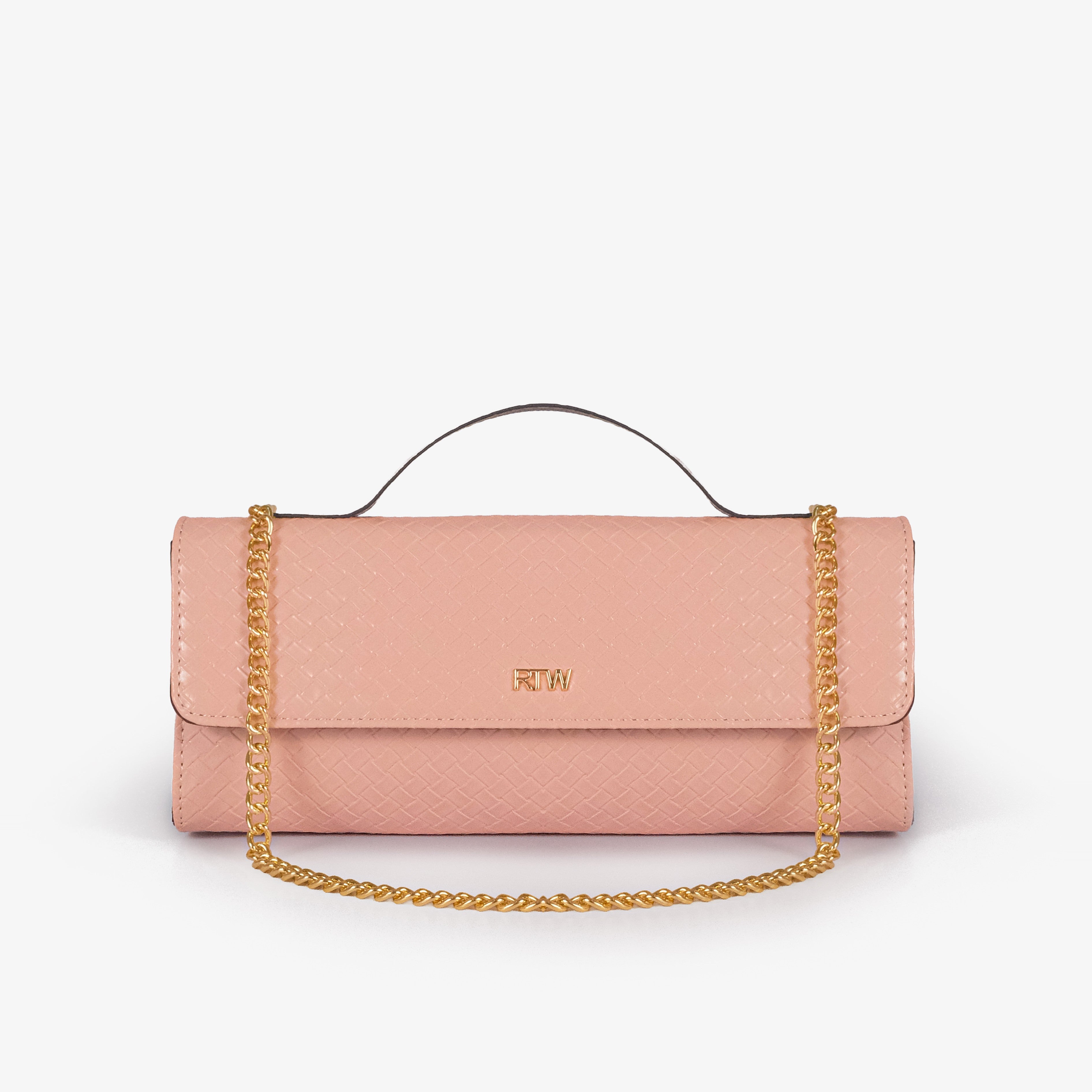 Blush peach woven weave clutch — front view with gold chain draped horizontally across weave body
