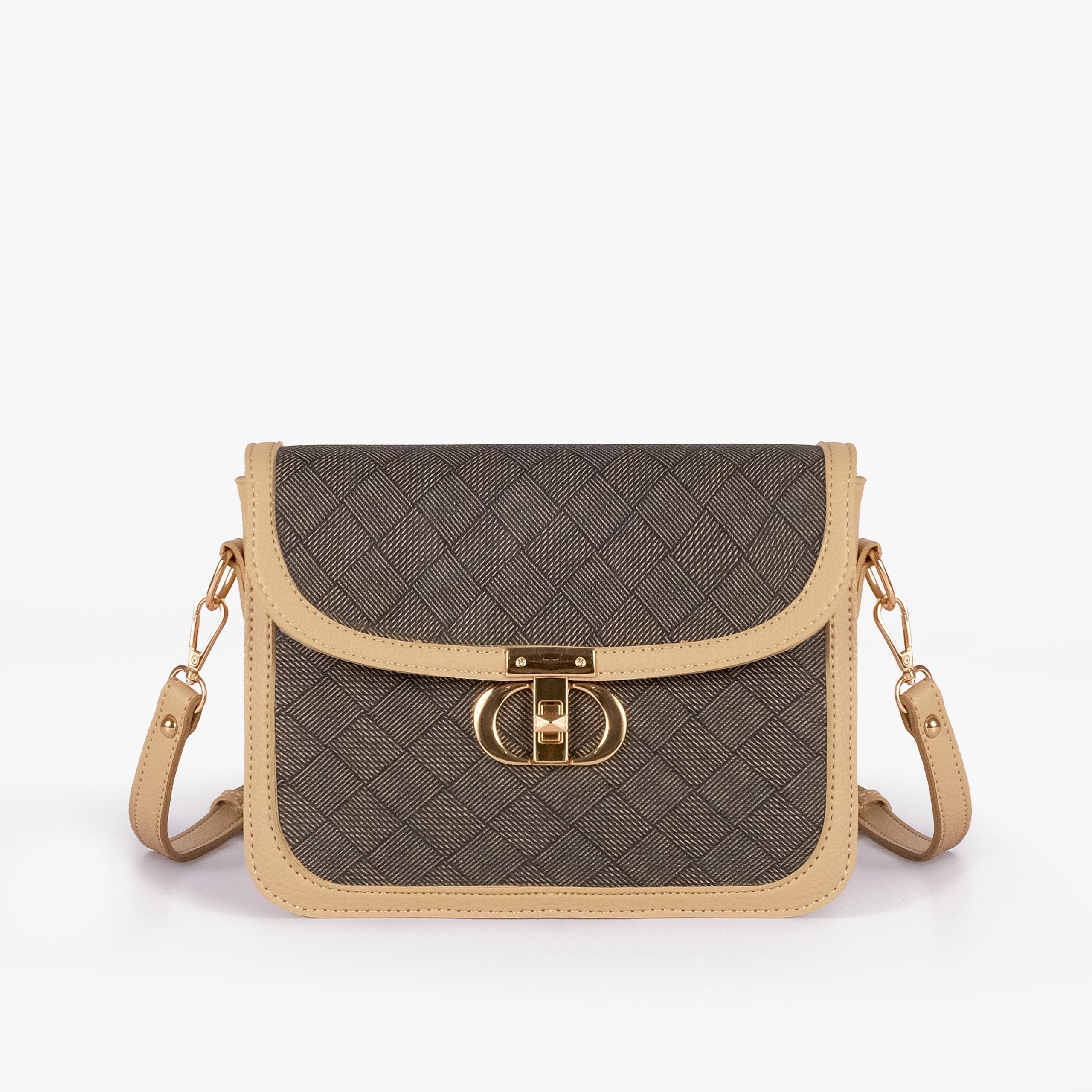 Mocha contrast cross-body bag — front straight-on with cream strap horizontal across dark charcoal panel