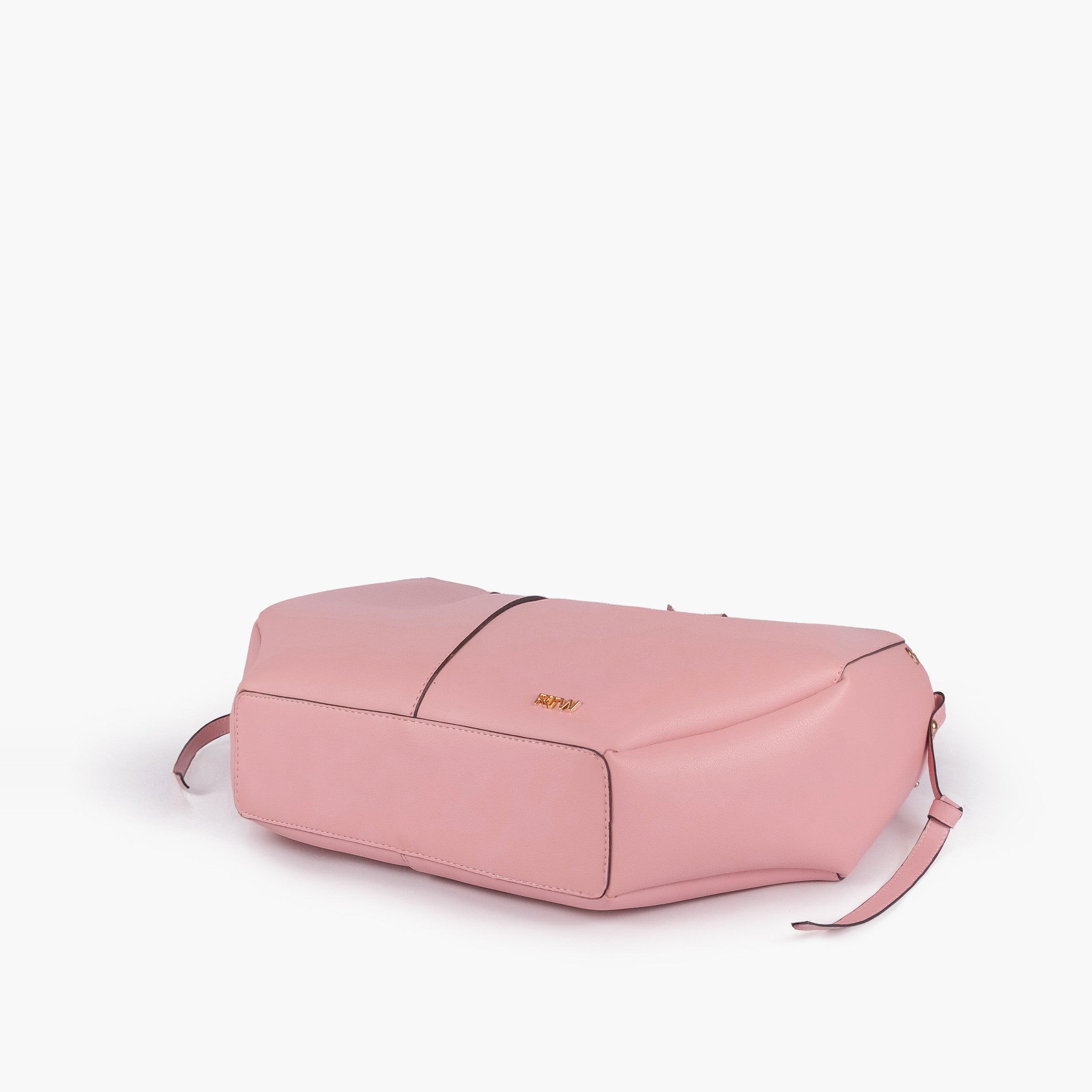 Pink atelier tote — base angle showing reinforced flat base, gold RTW logo on front-bottom face