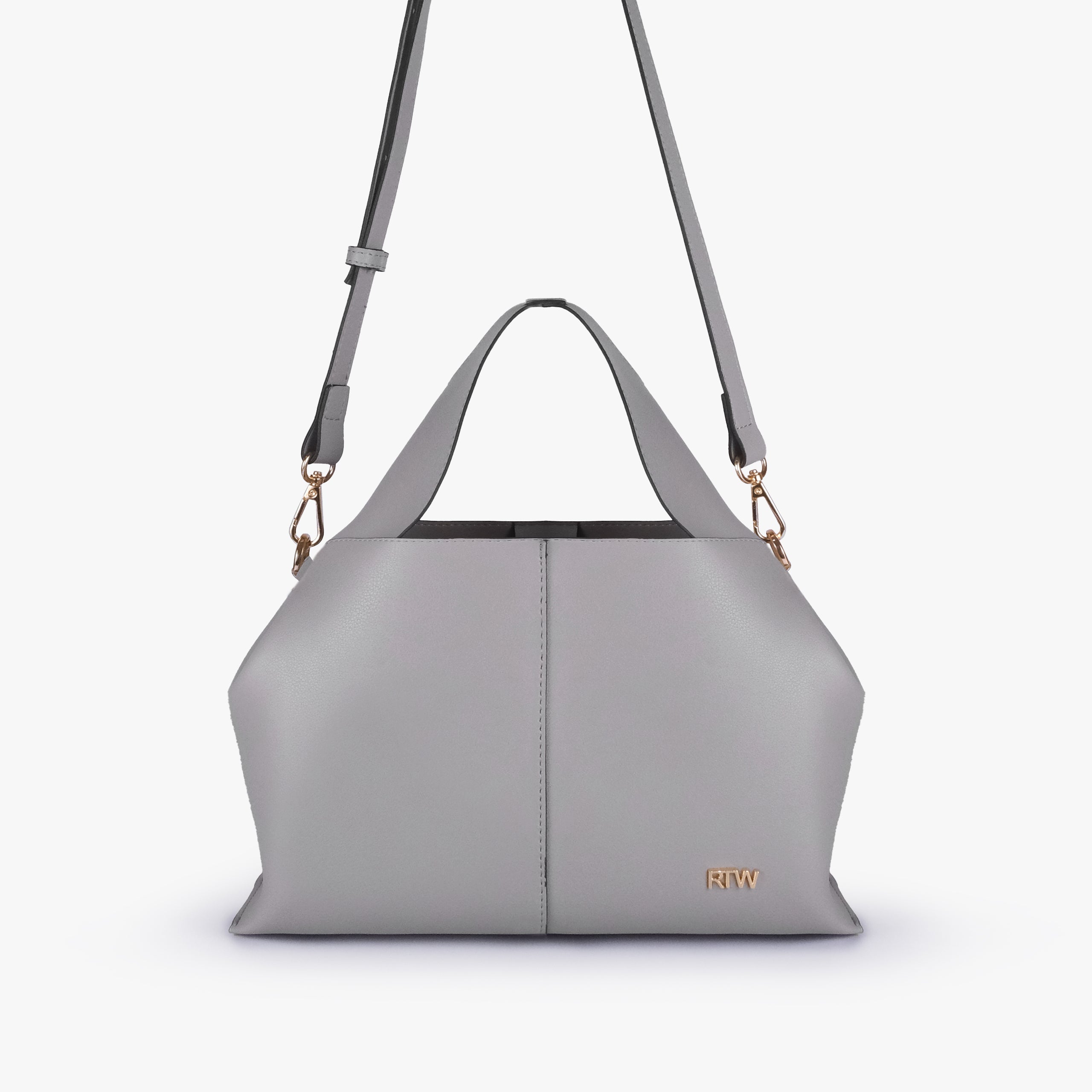 Front view of Grey draped mini tote with detachable shoulder strap