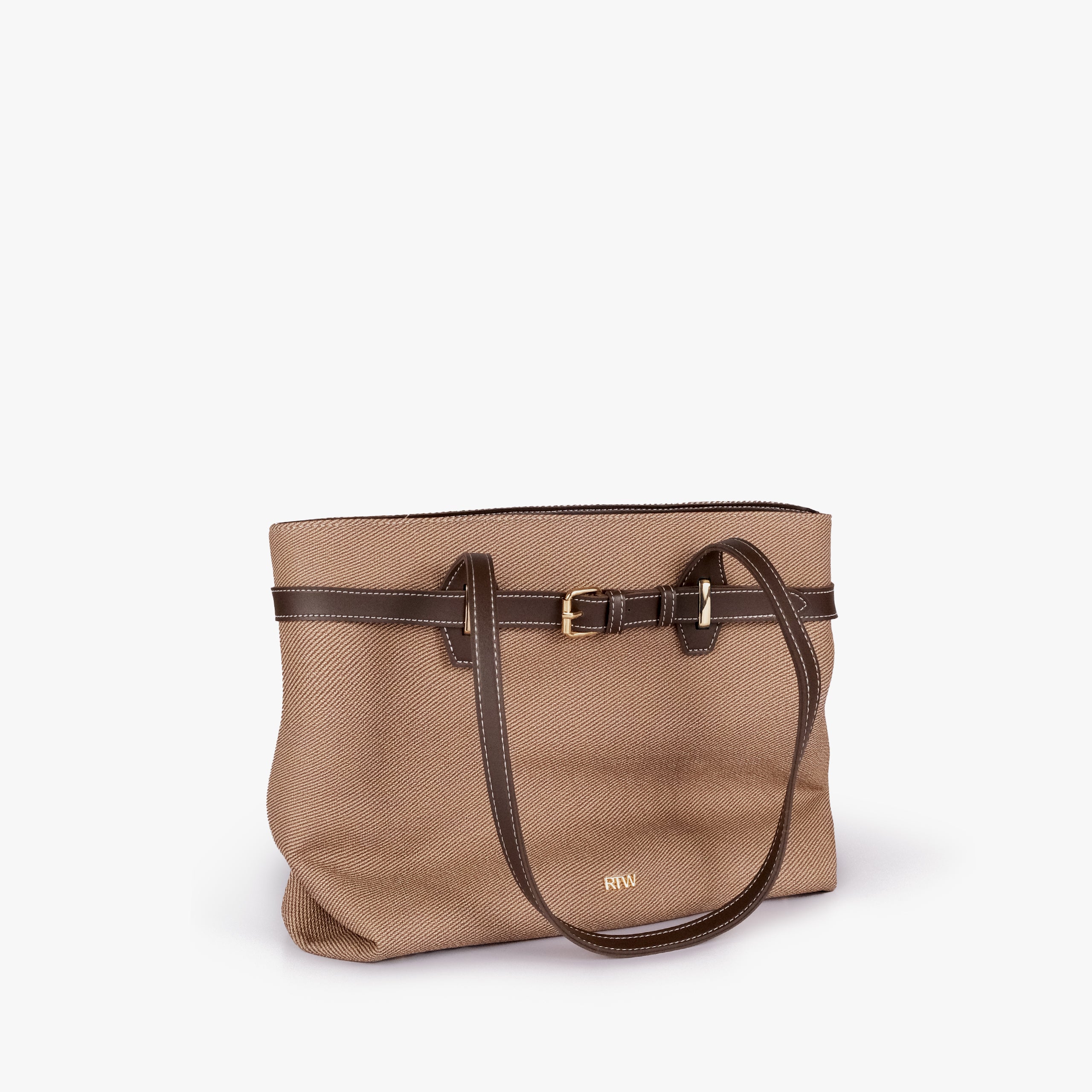 Dark brown belted tote bag — front angled hero view with the belt detail, draped handle, textured body, smooth trim, and gold-tone buckle hardware, taupe-brown textured body with dark brown smooth faux-leather trim