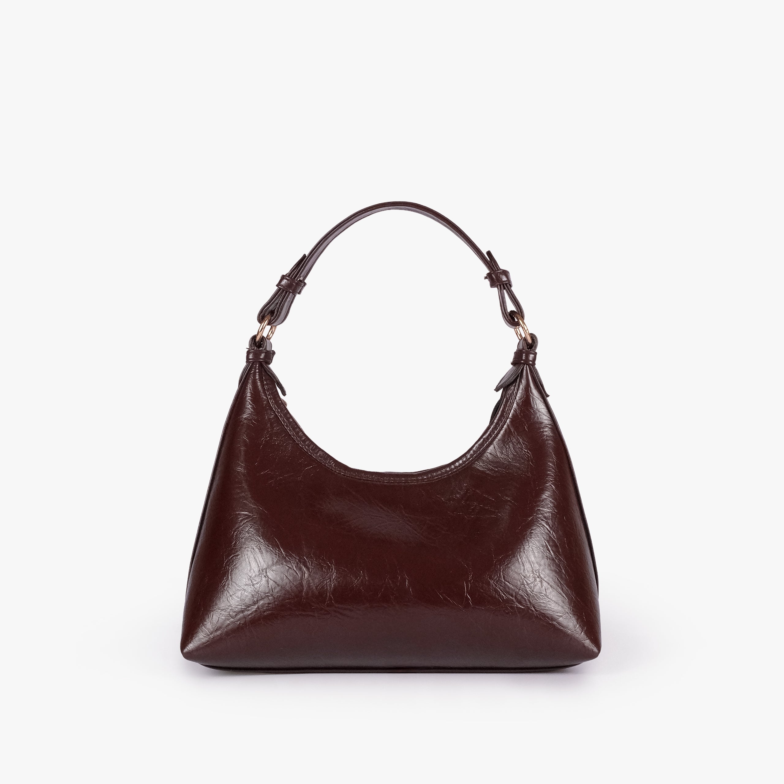 Dark brown crinkle crescent hobo — back view showing the plain crinkle faux-leather panel and curved body shape