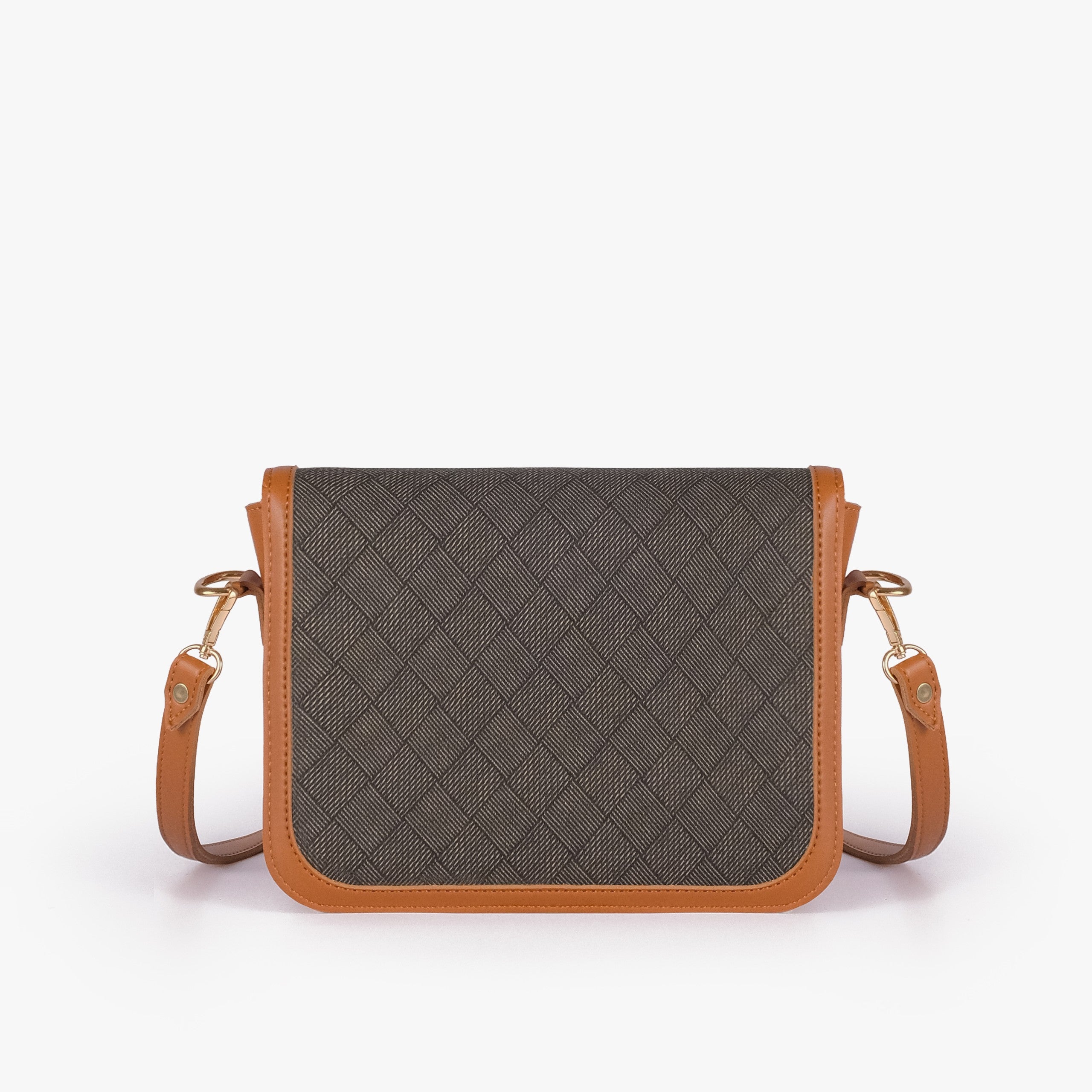 Camel contrast cross-body bag — back view showing dark olive box-texture panel framed by camel pebbled trim
