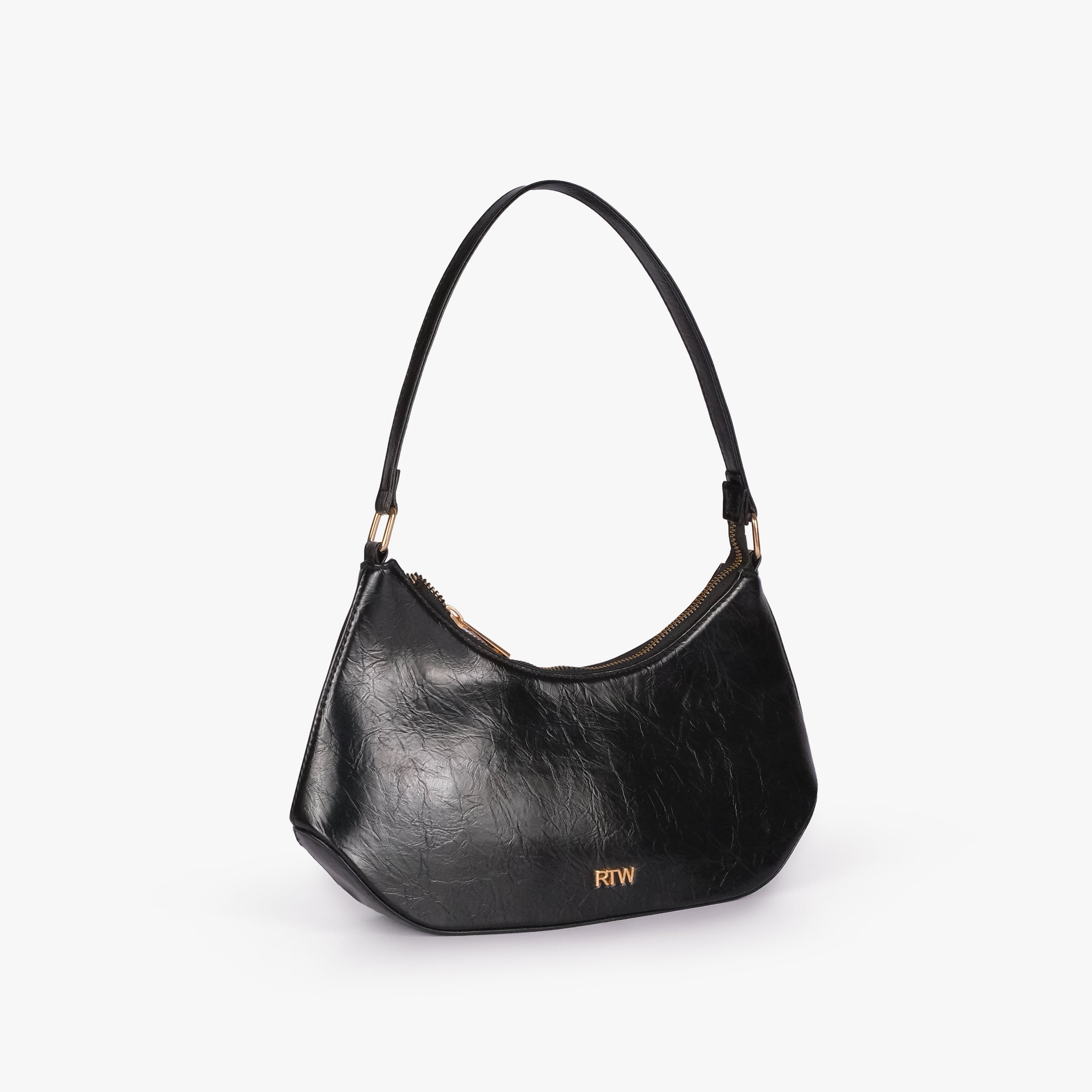 Black crinkle shoulder bag — 3/4 view showing the bag depth, slouchy curved shape, and shoulder handle
