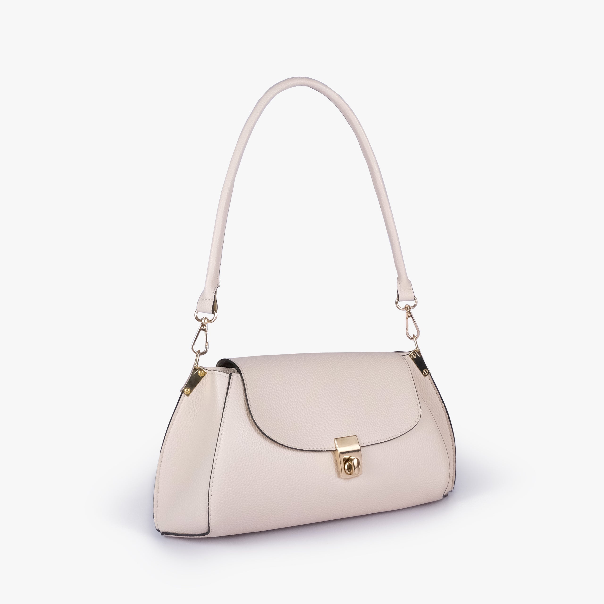 Off-white pebble baguette bag in three-quarter view