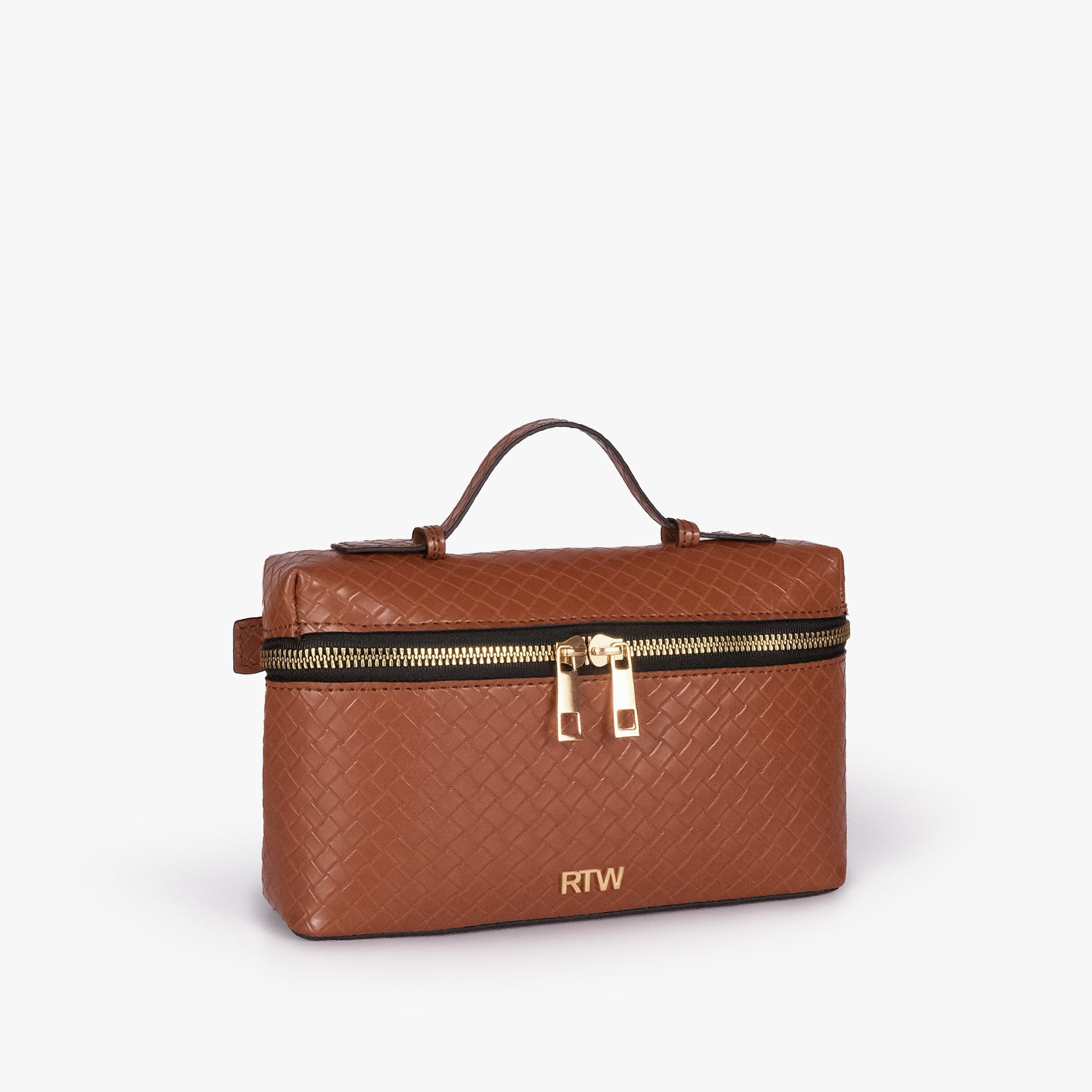 Terracotta weave vanity top-handle bag — 3/4 quarter view showing the compact boxy vanity shape, rounded edges, diamond quilting, strap attachment, and side depth
