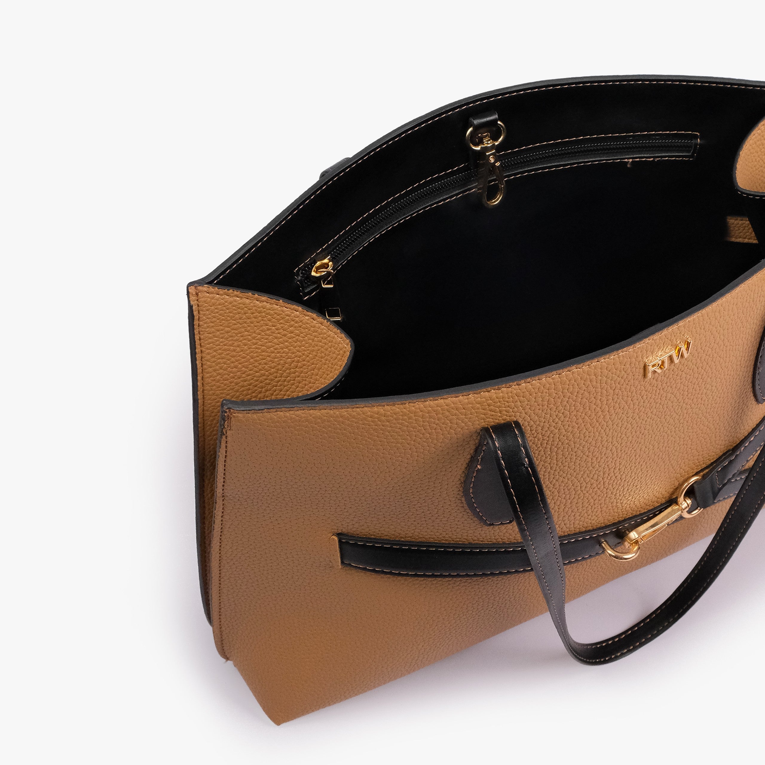 Coffee camel Monday Tote — interior angled view showing back-wall zipped pocket, gold zipper, black lining, gold D-fittings