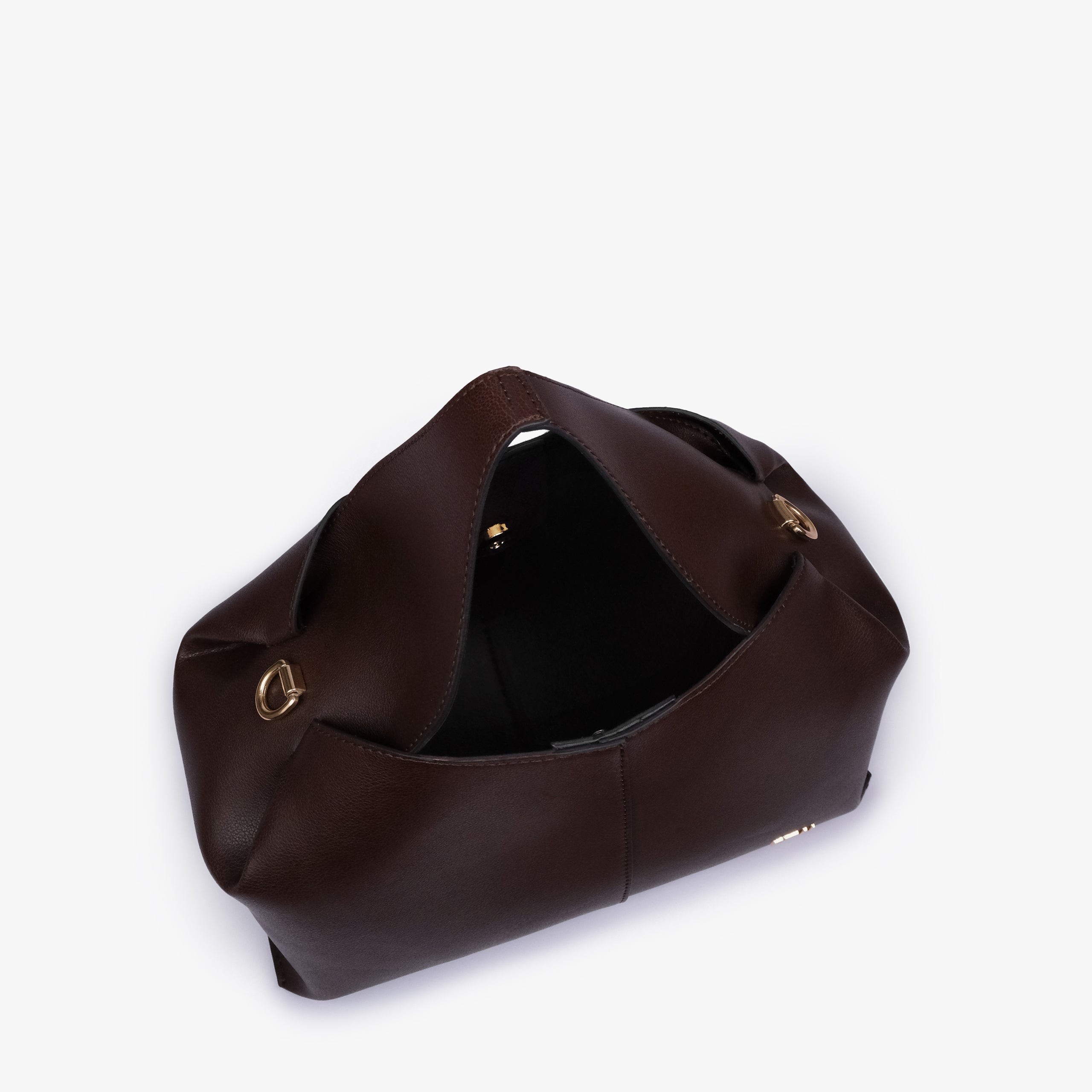 Open interior of Dark brown draped mini tote