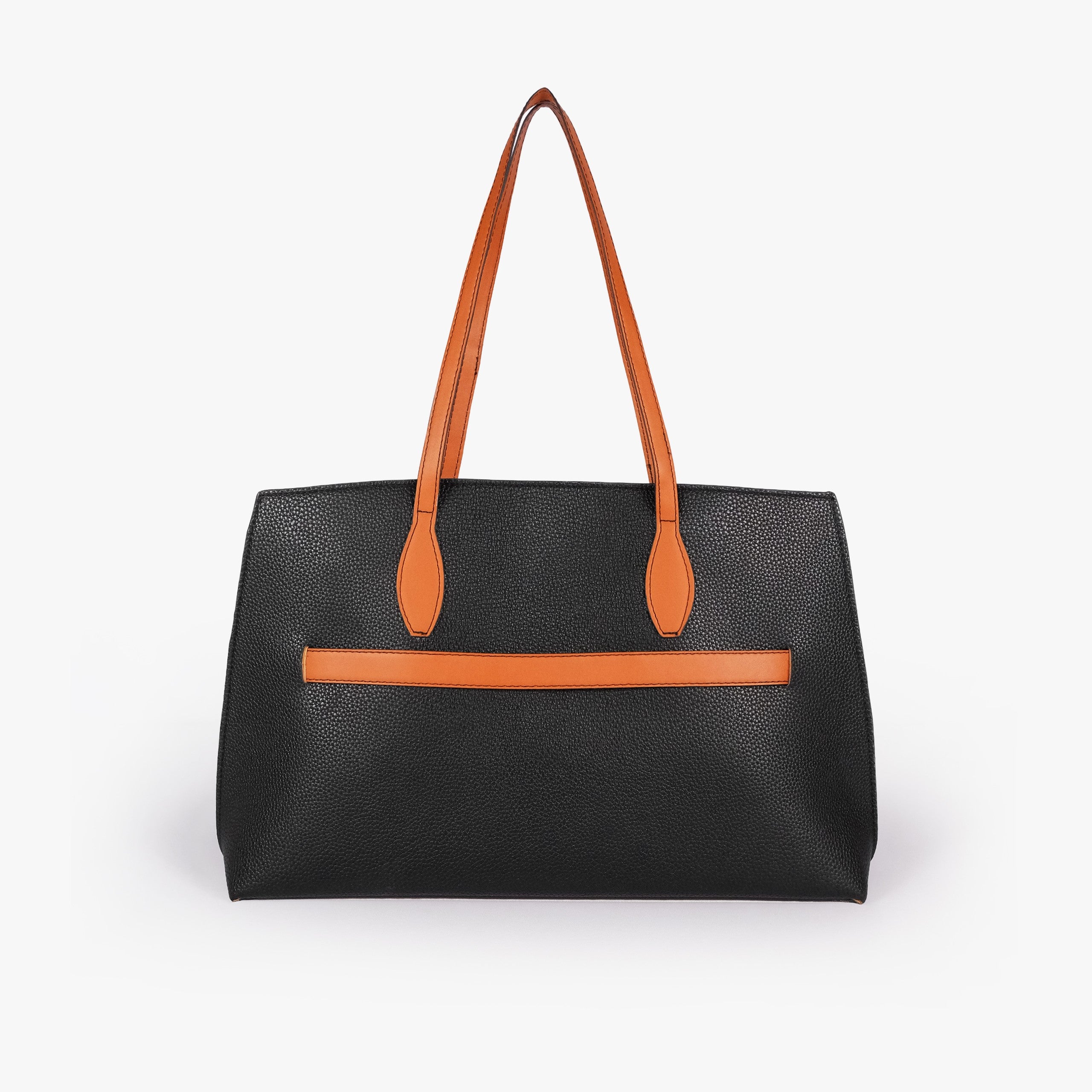 Black Monday Tote — back view showing horizontal burnt orange smooth slip pocket across the middle panel, two handles up