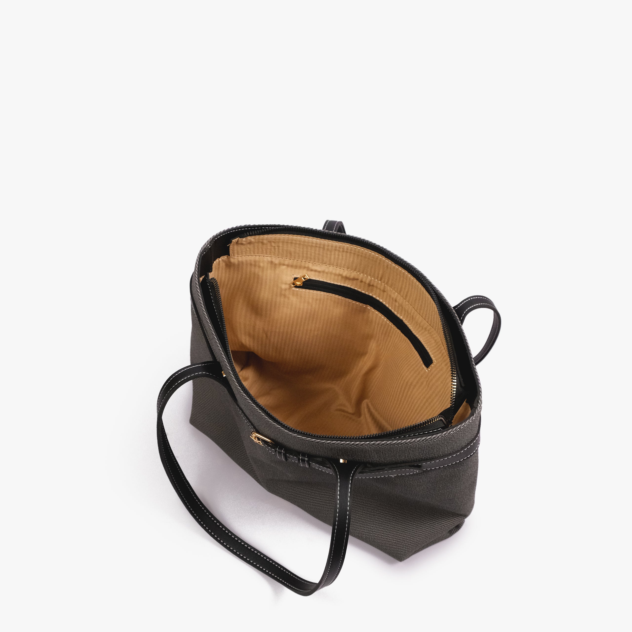 Charcoal belted tote bag — open-top interior view showing the tan interior, structured rim, long handles, and belted front detail, charcoal gray textured body with black smooth faux-leather trim