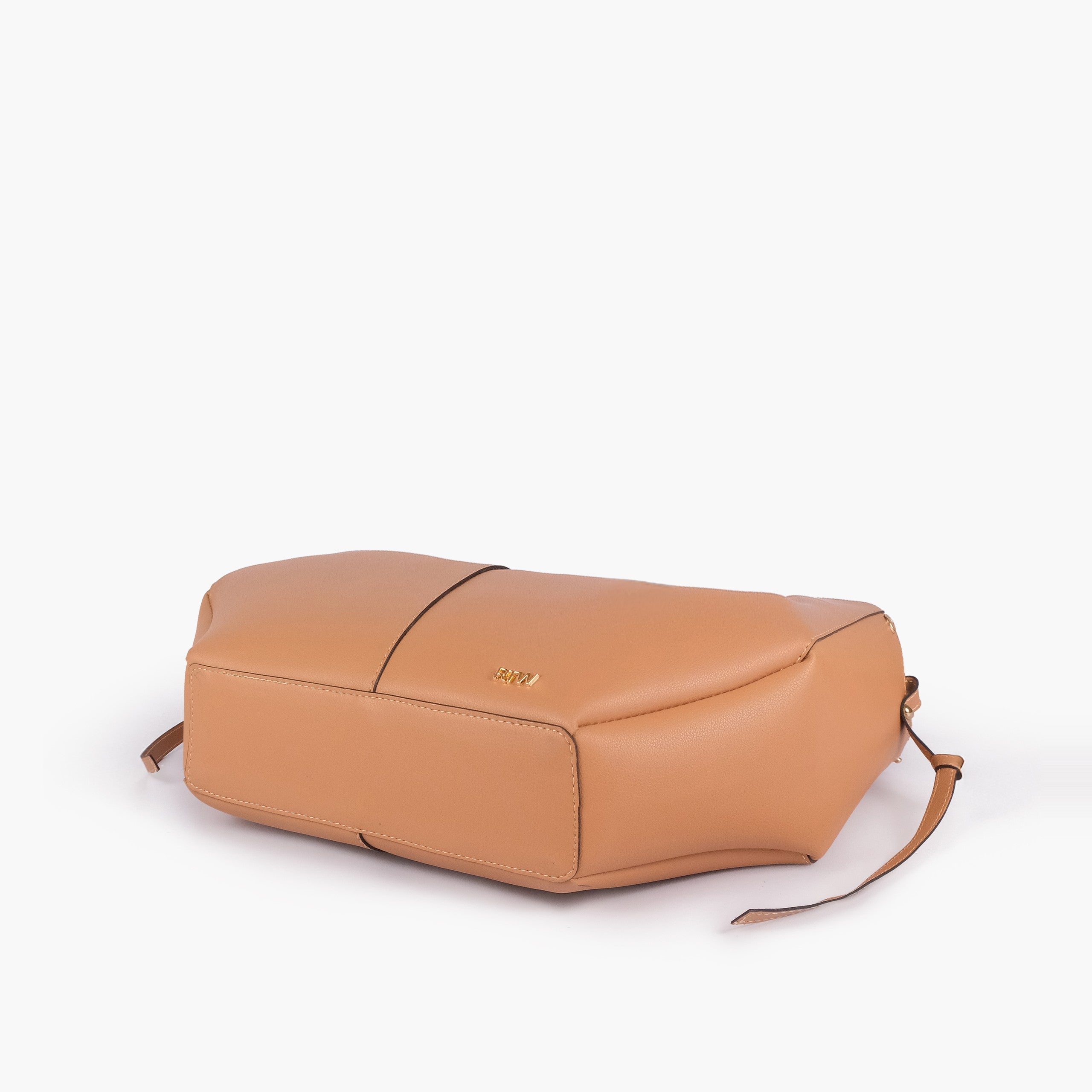 Coffee atelier tote — base angle showing reinforced flat base, gold RTW logo on front-bottom face