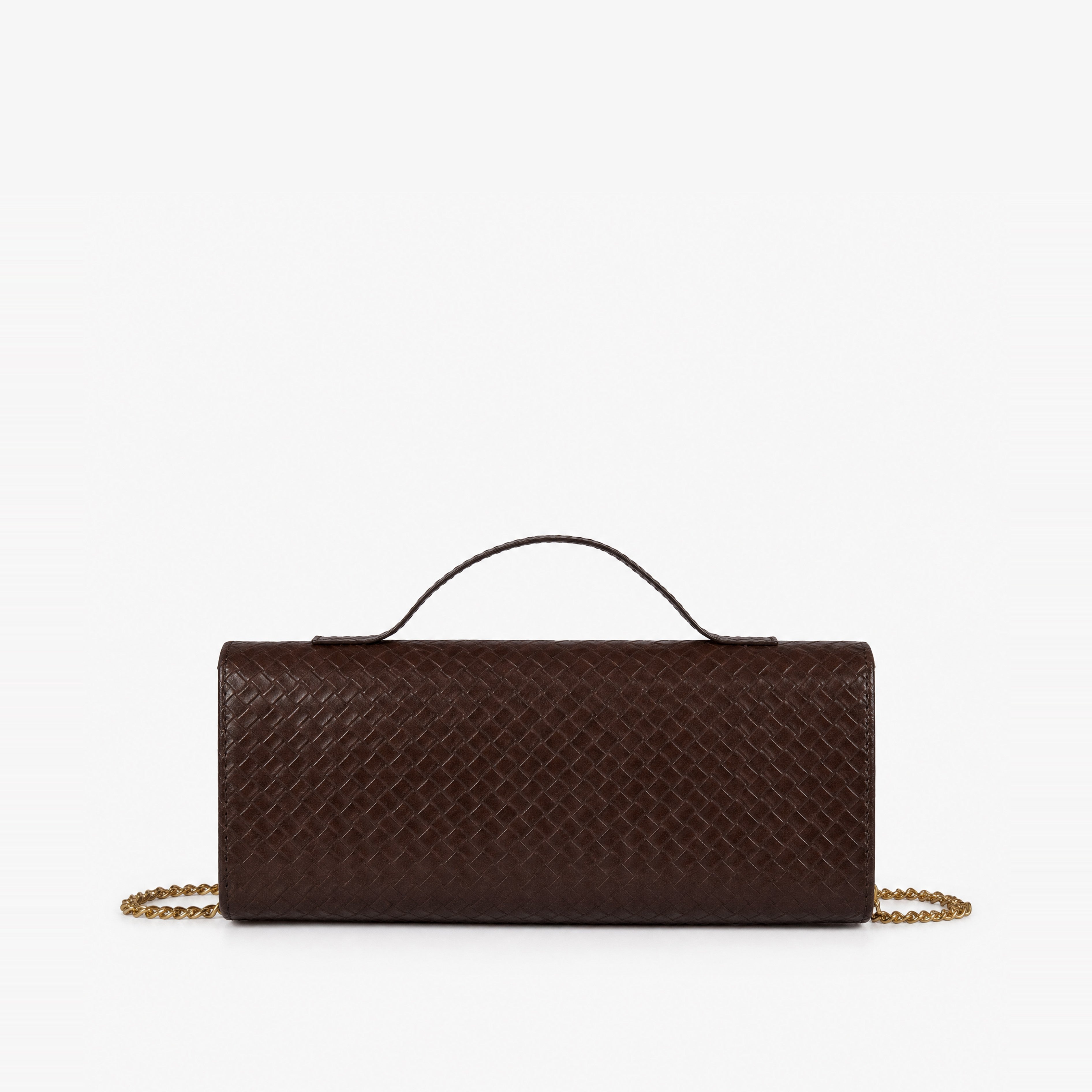 Deep chocolate woven weave clutch — back view showing full diamond-lattice weave coverage in dark chocolate