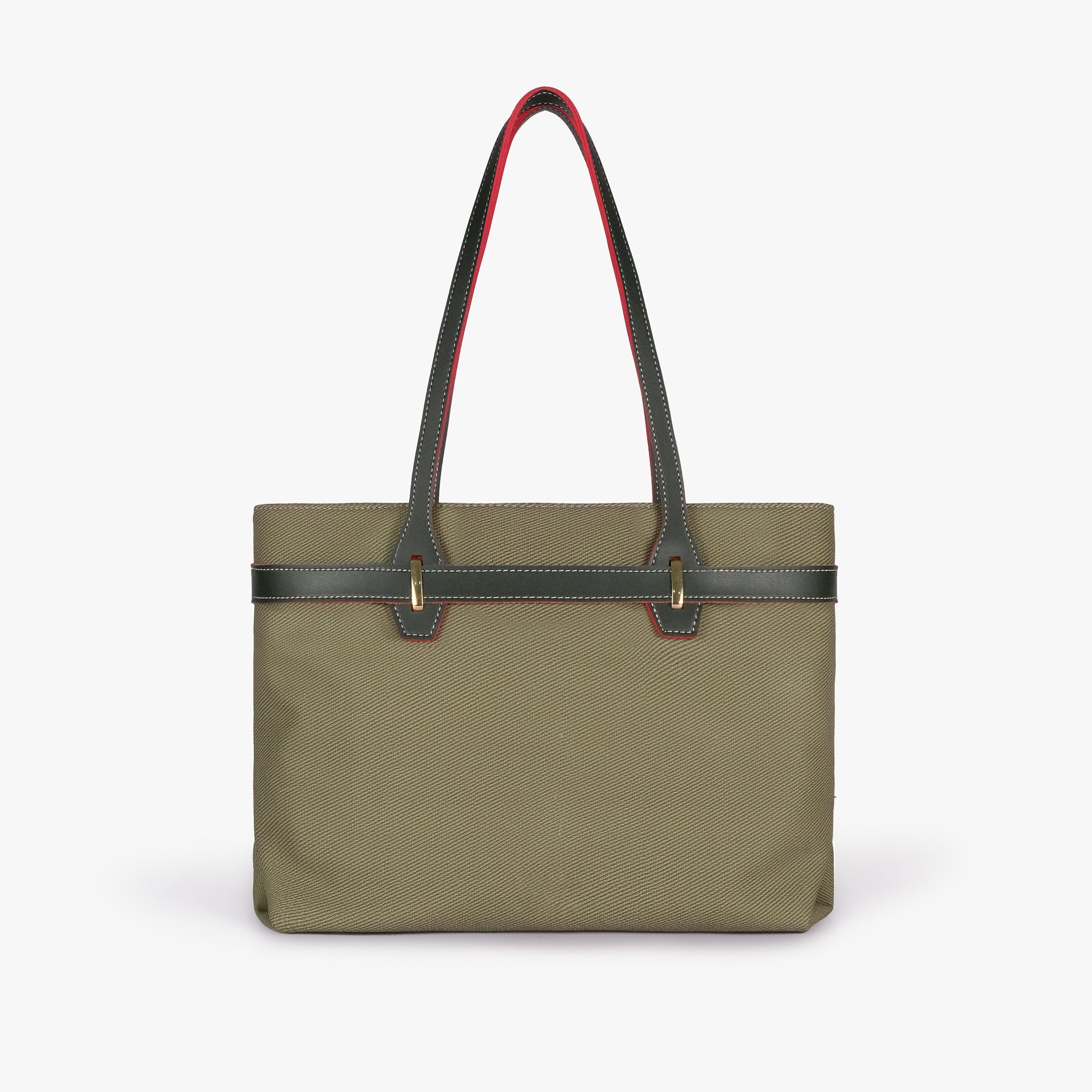 Olive belted tote bag — straight-on back view showing the textured back panel, smooth trim, long shoulder handles, and structured rectangular silhouette, olive green textured body with dark smooth faux-leather trim with red accent edging