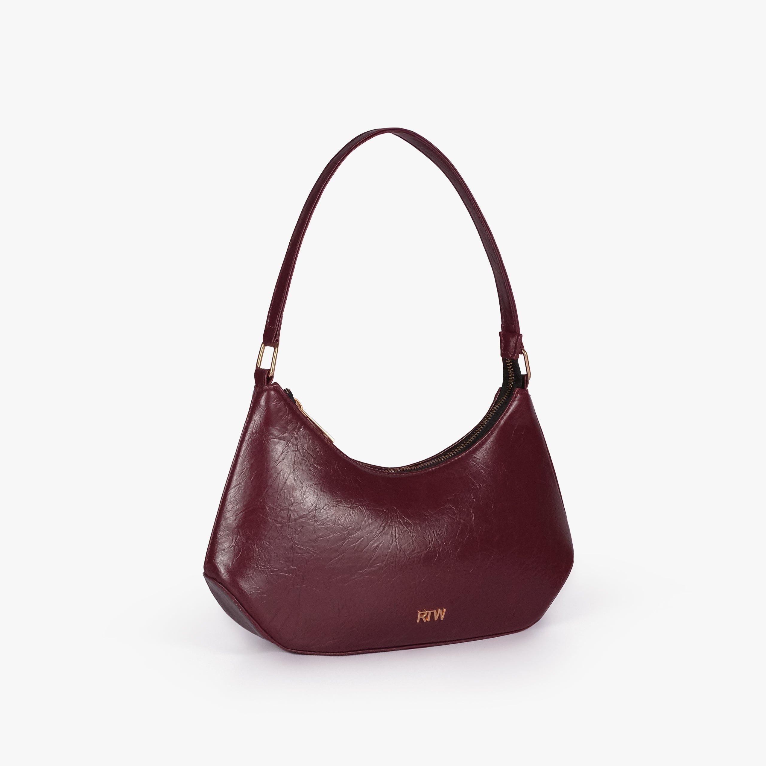 Maroon crinkle shoulder bag — 3/4 view showing the bag depth, slouchy curved shape, and shoulder handle