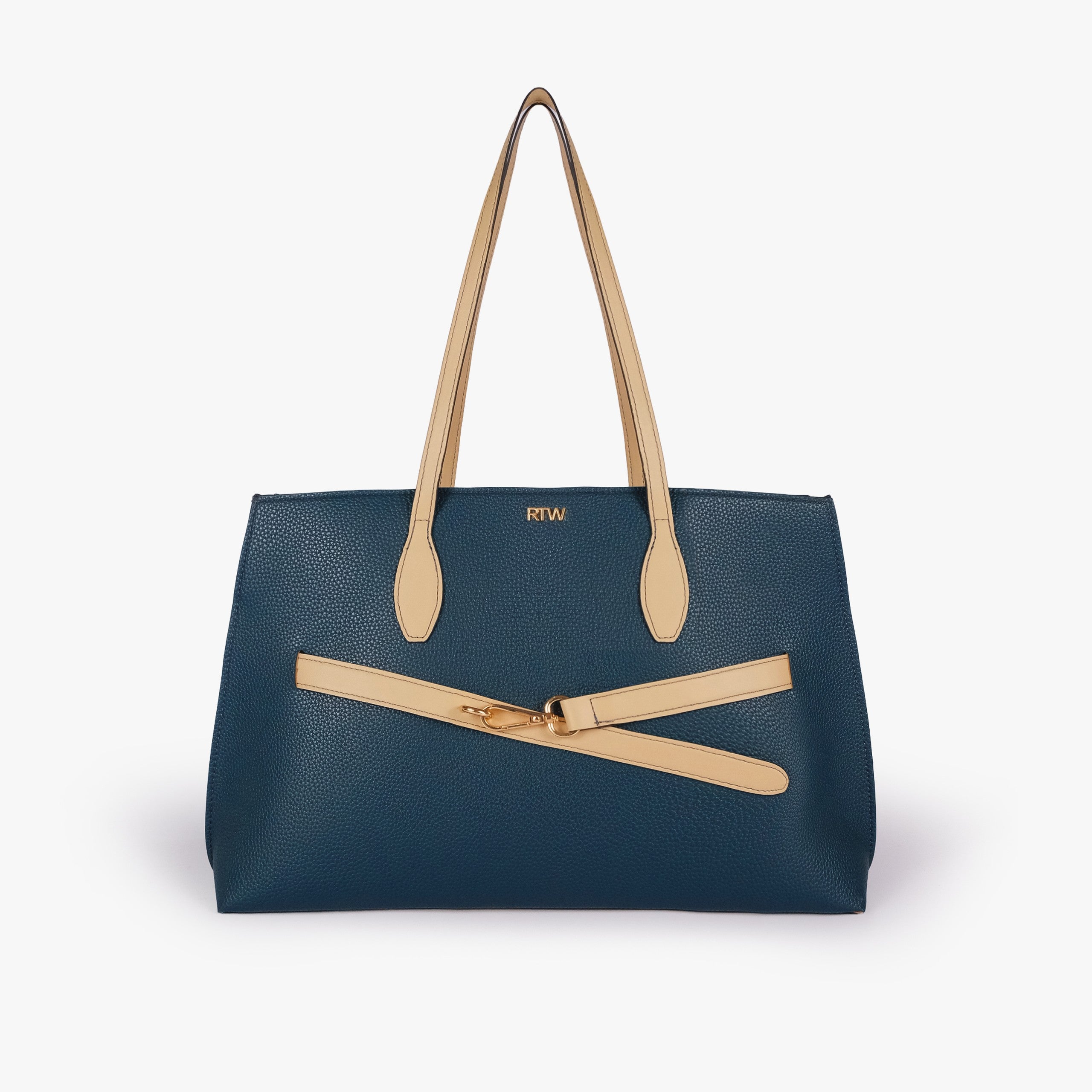 Teal Monday Tote — front straight-on view, cream handles up, decorative cream belt with gold doglock buckle, trapezoid silhouette