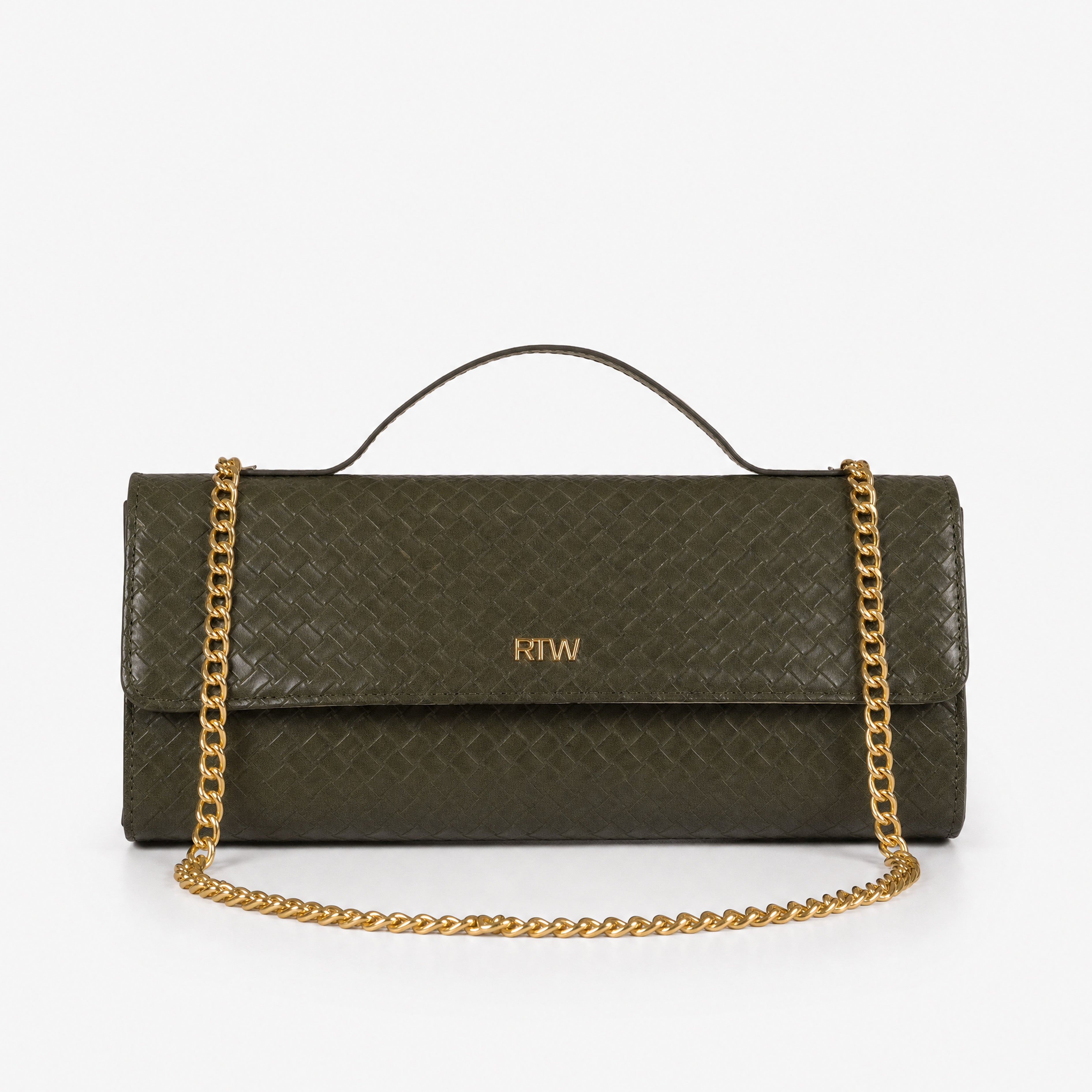 Dark olive woven weave clutch — front view with gold chain draped horizontally across weave body