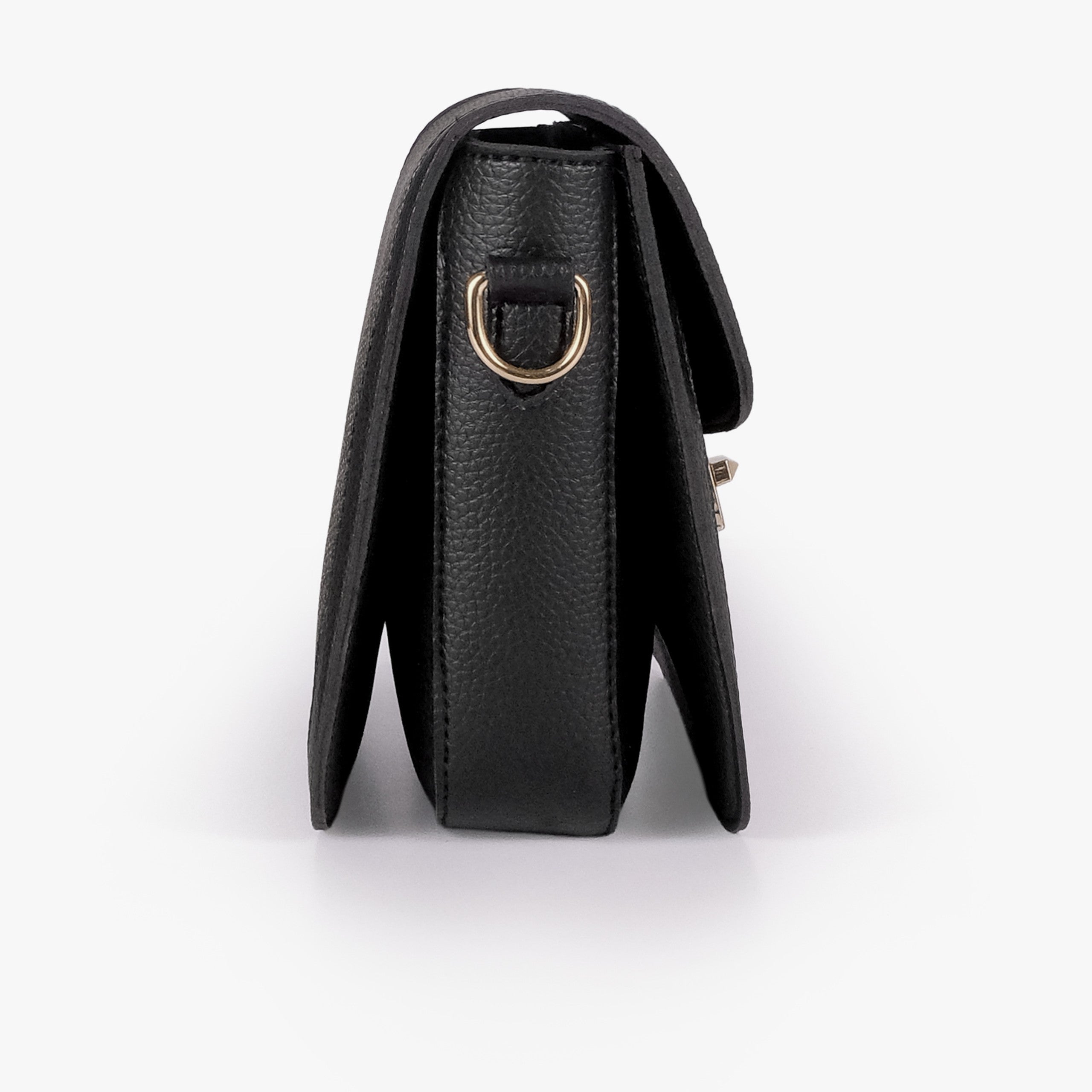 Charcoal contrast cross-body bag — side profile showing slim gusset and gold D-ring strap attachment