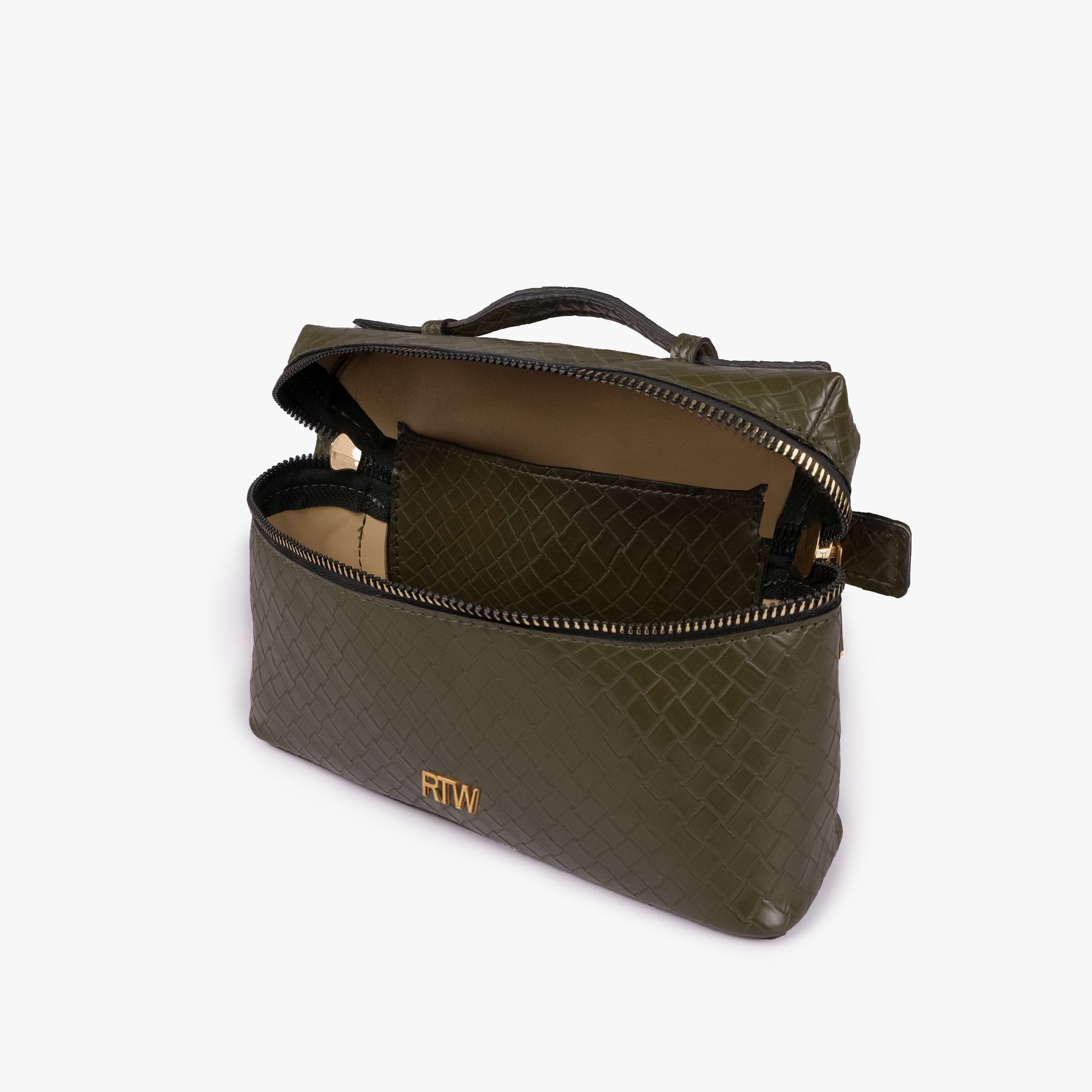 Olive green weave vanity top-handle bag — interior open view showing the lid lifted upward, zip-around opening, and lined single main compartment
