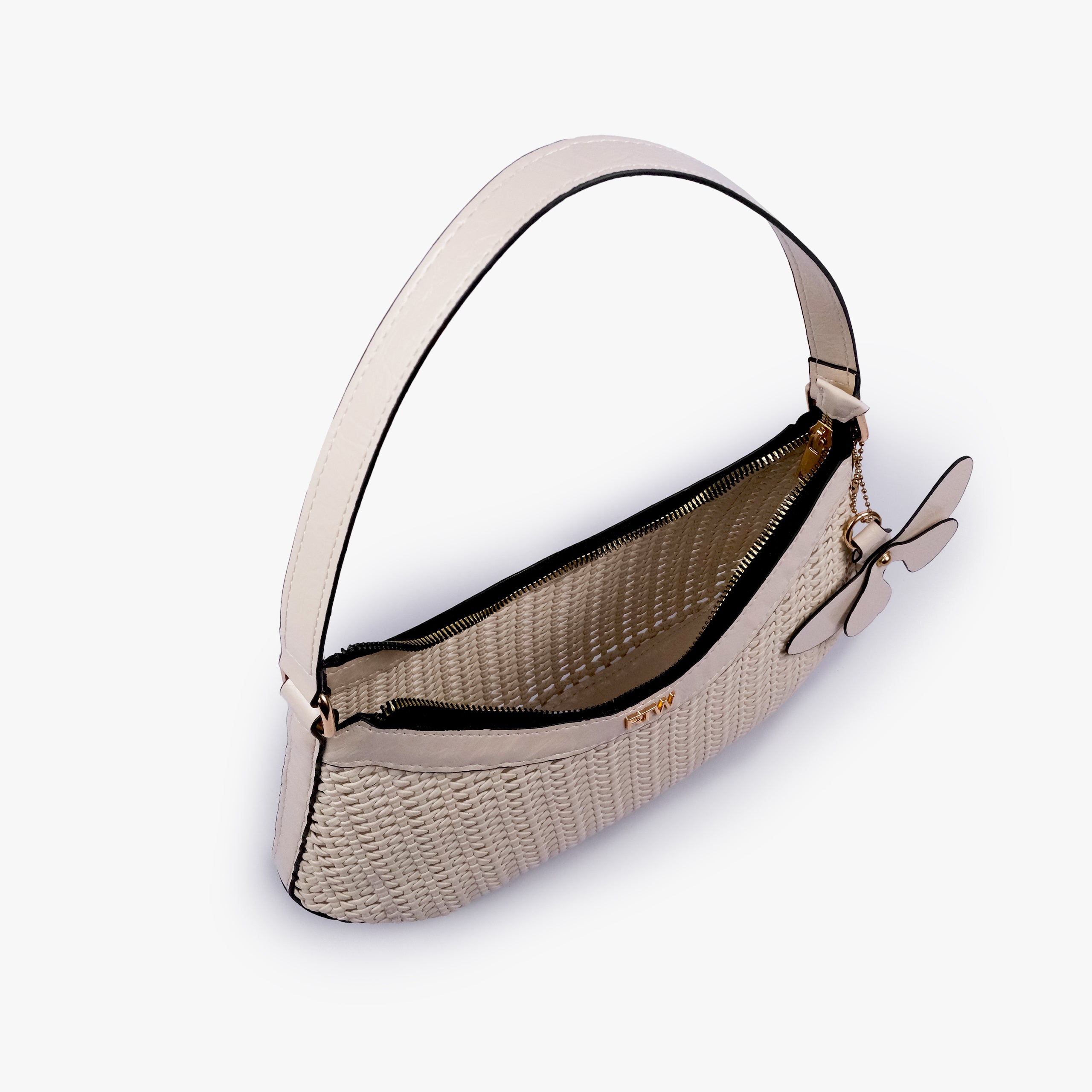 Lined interior and zip-top opening of Ivory woven shoulder bag