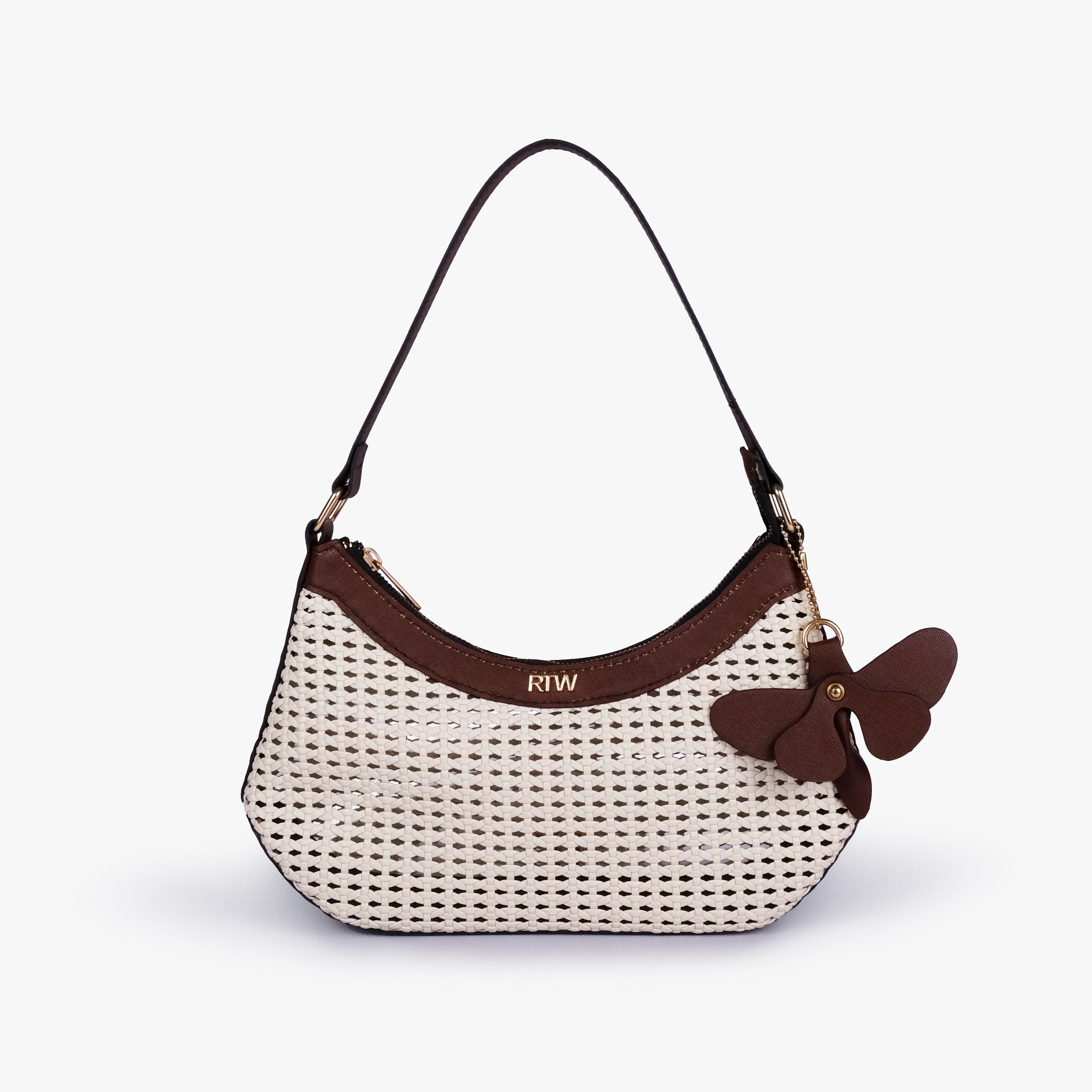 Front view of Mocha woven shoulder bag