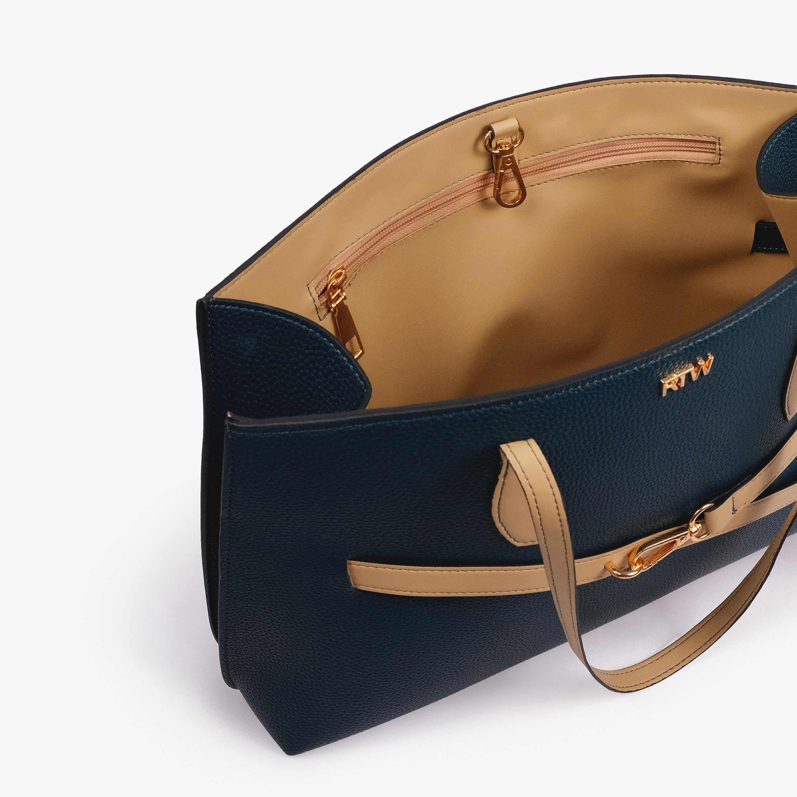 Teal Monday Tote — interior angled view showing back-wall zipped pocket, gold zipper, sand lining, gold D-fittings