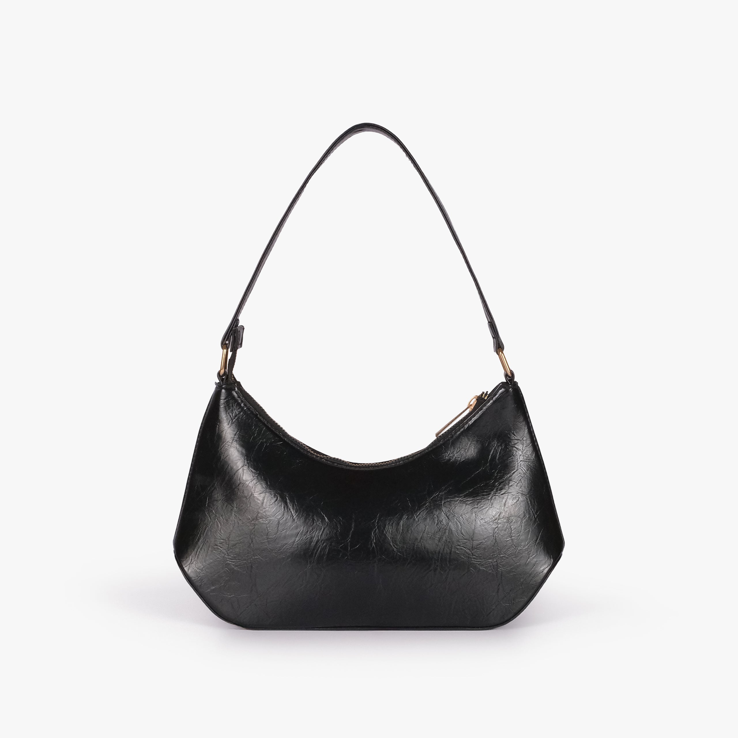 Black crinkle shoulder bag — back view showing the plain crinkle faux-leather panel and curved body shape