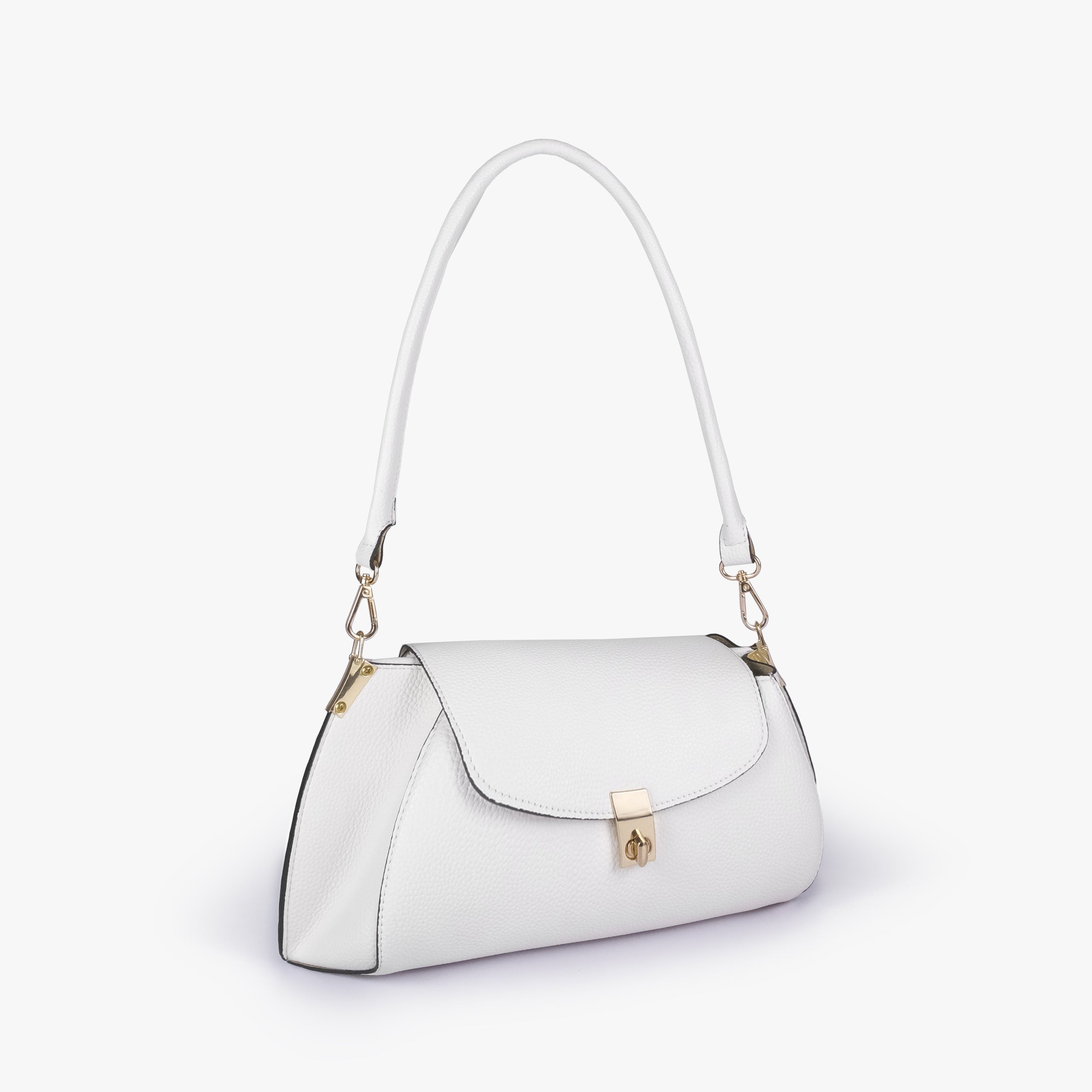 Ivory pebble baguette bag in three-quarter view