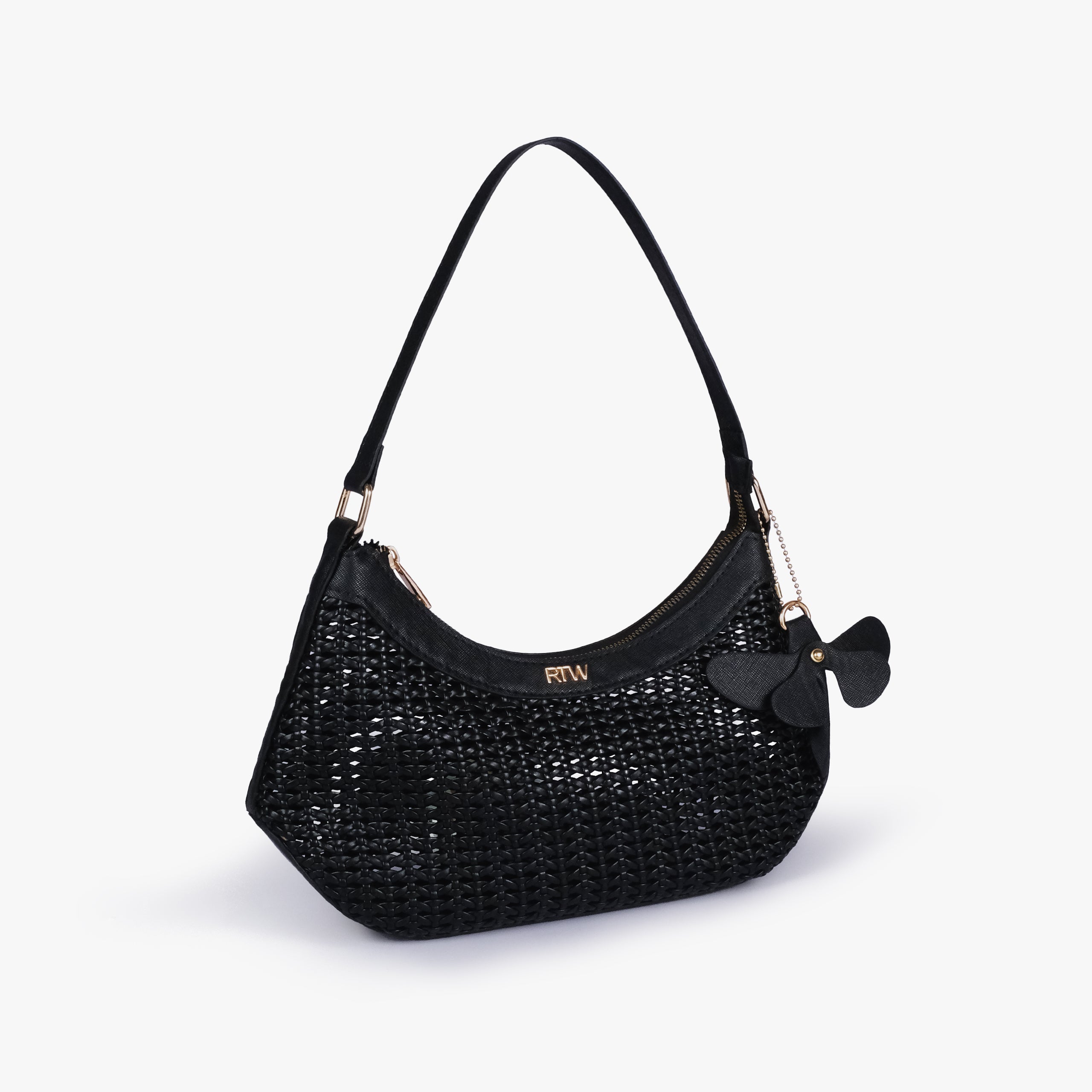 Black woven shoulder bag in three-quarter view