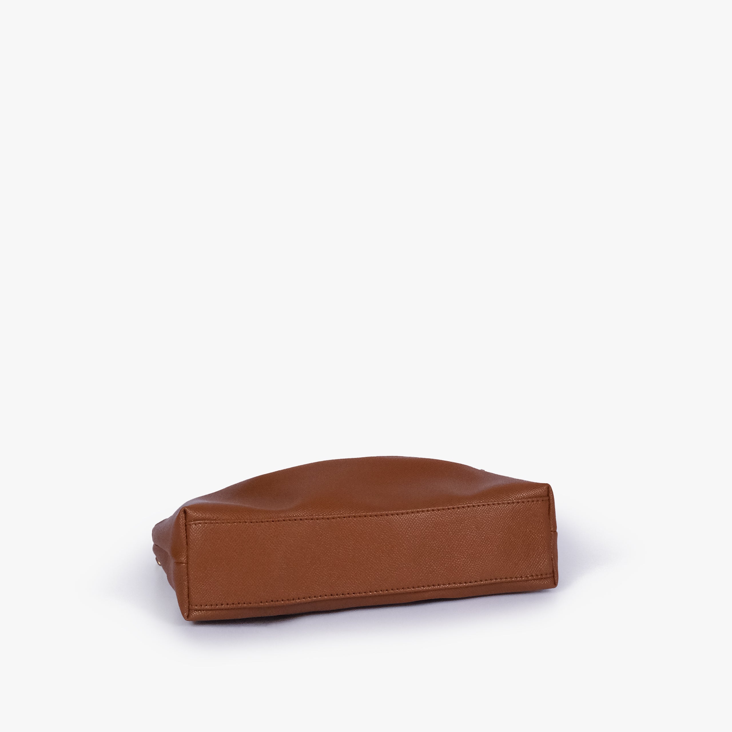 Horse brown pleated clutch bag with chain — bottom view showing the stitched flat base and slim depth, warm cognac brown