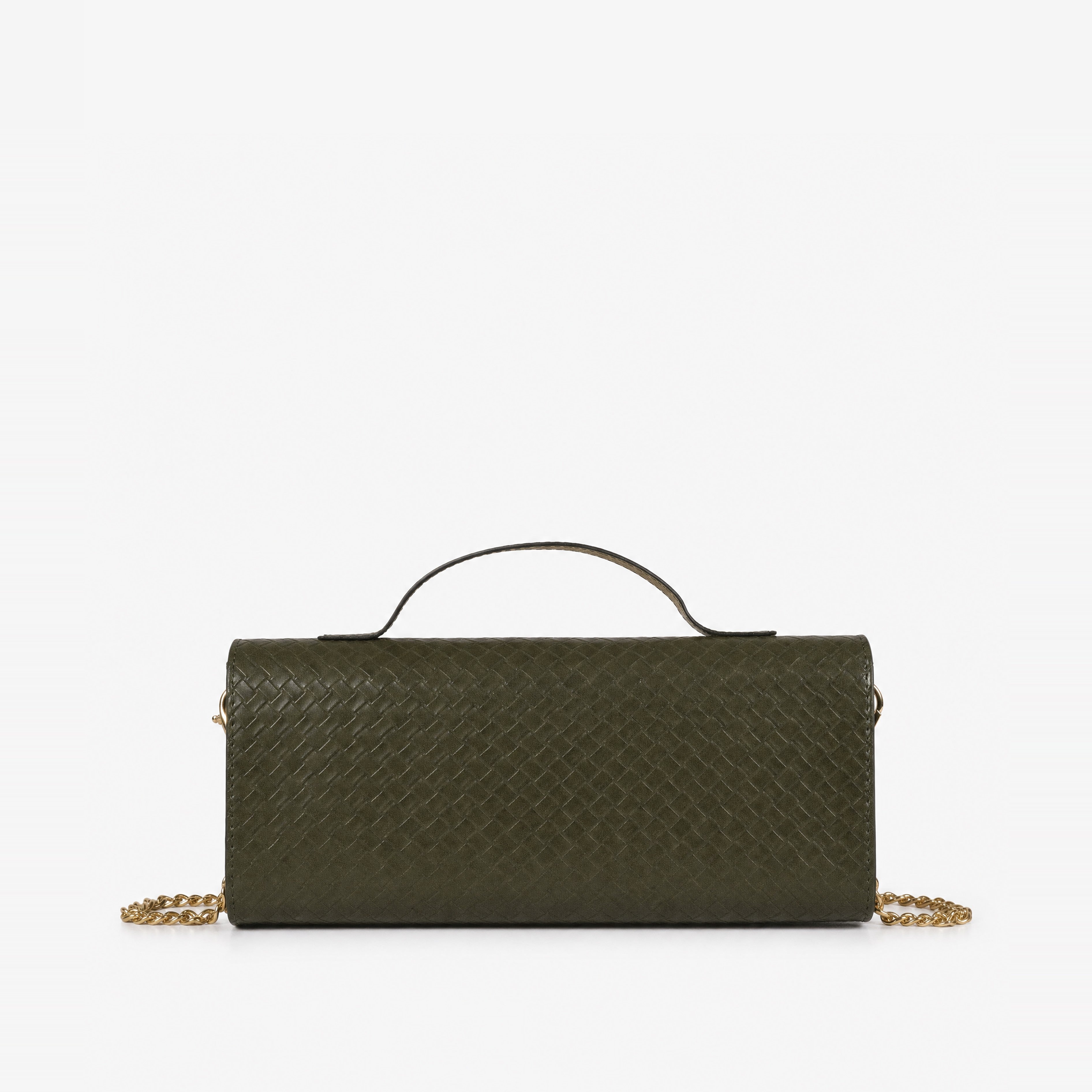 Dark olive woven weave clutch — back view showing full diamond-lattice weave coverage and tan-backed top handle