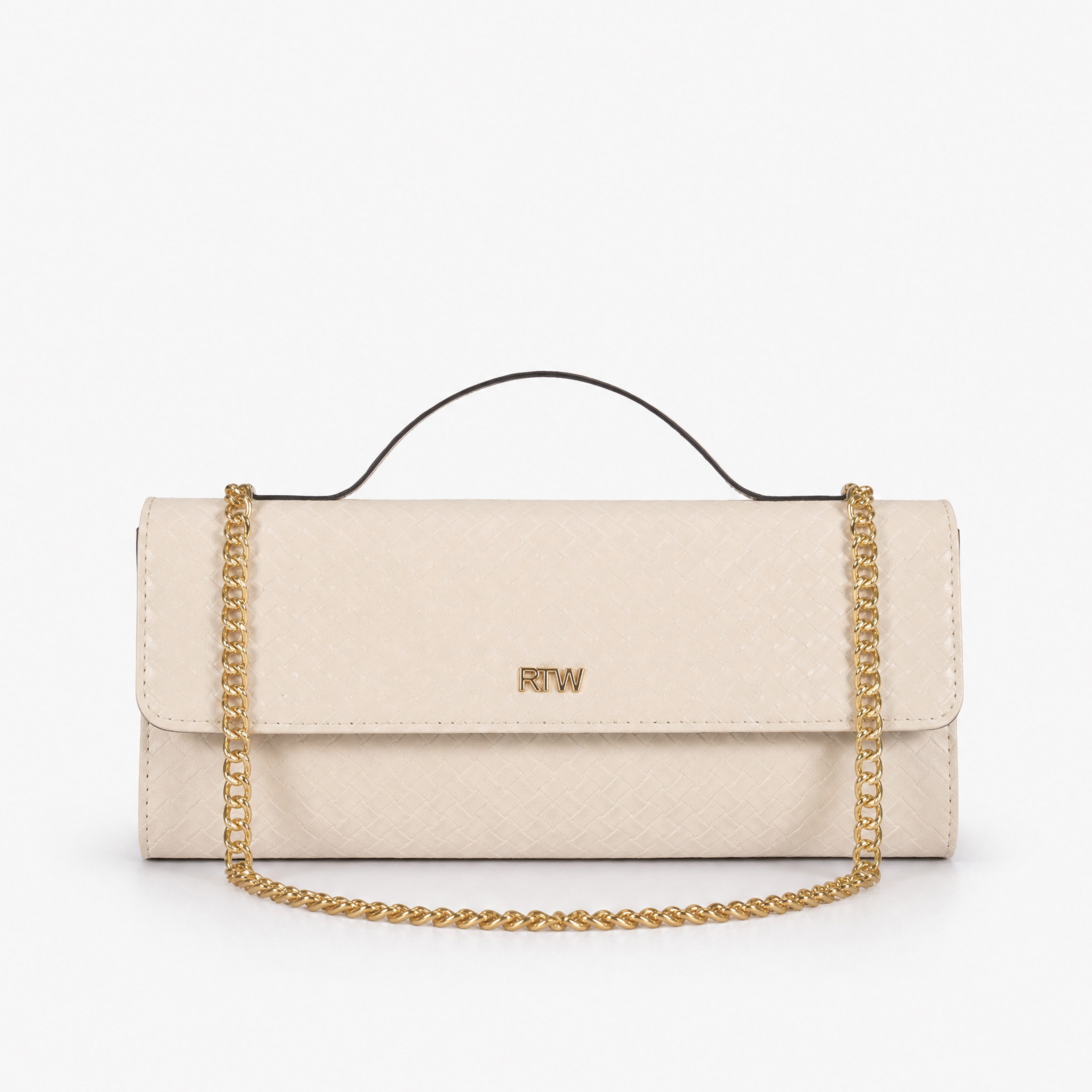 Pale woven cream weave clutch — front view with gold chain draped horizontally across weave body