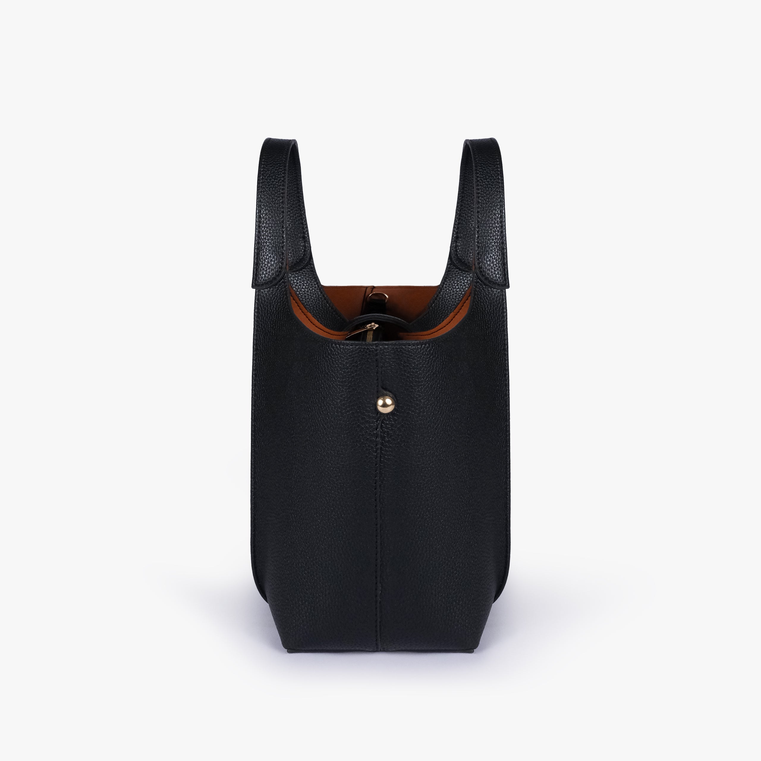 Side profile of Black scoop mini tote bag