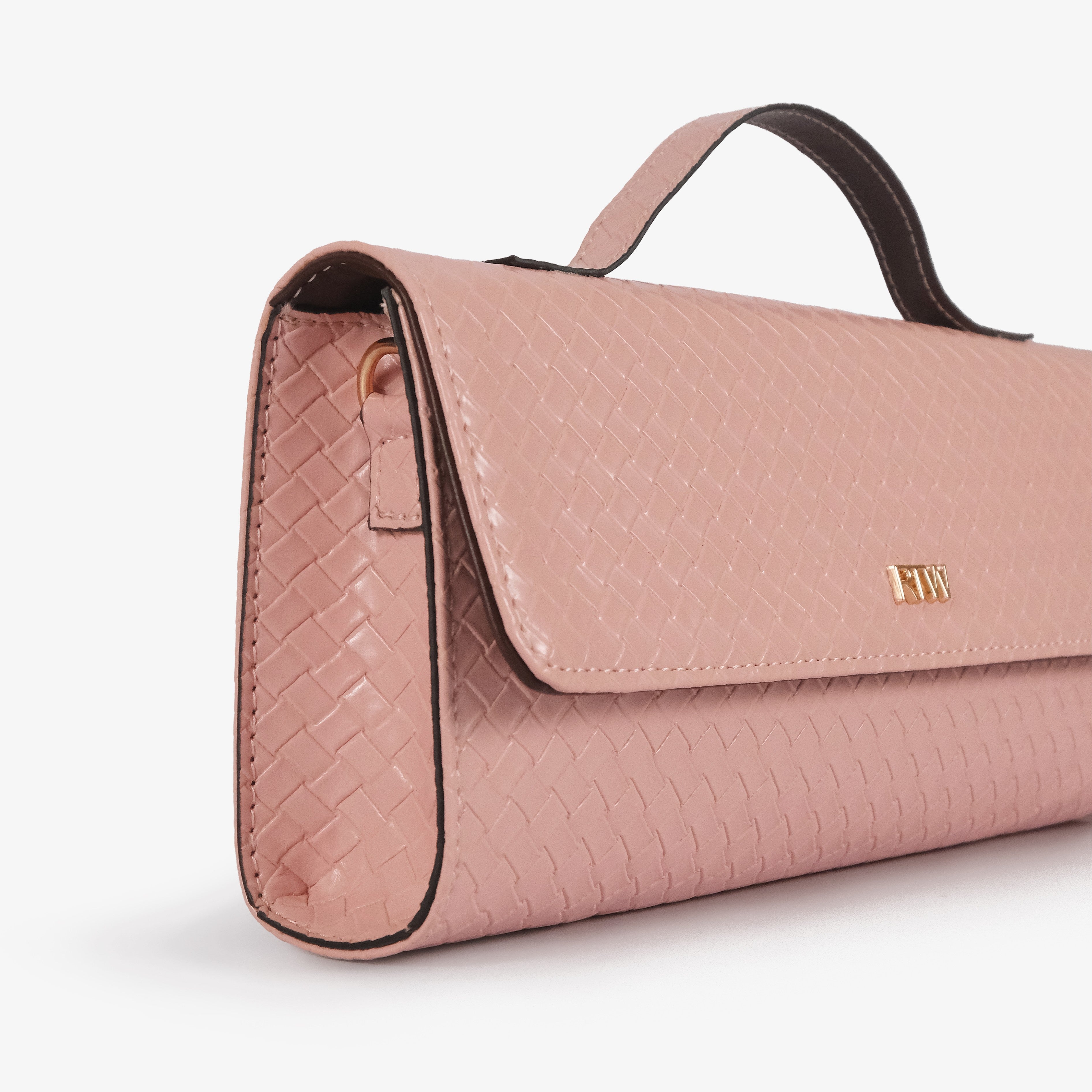 Blush peach woven weave clutch — closeup of diamond-lattice weave texture and gold RTW logo plate
