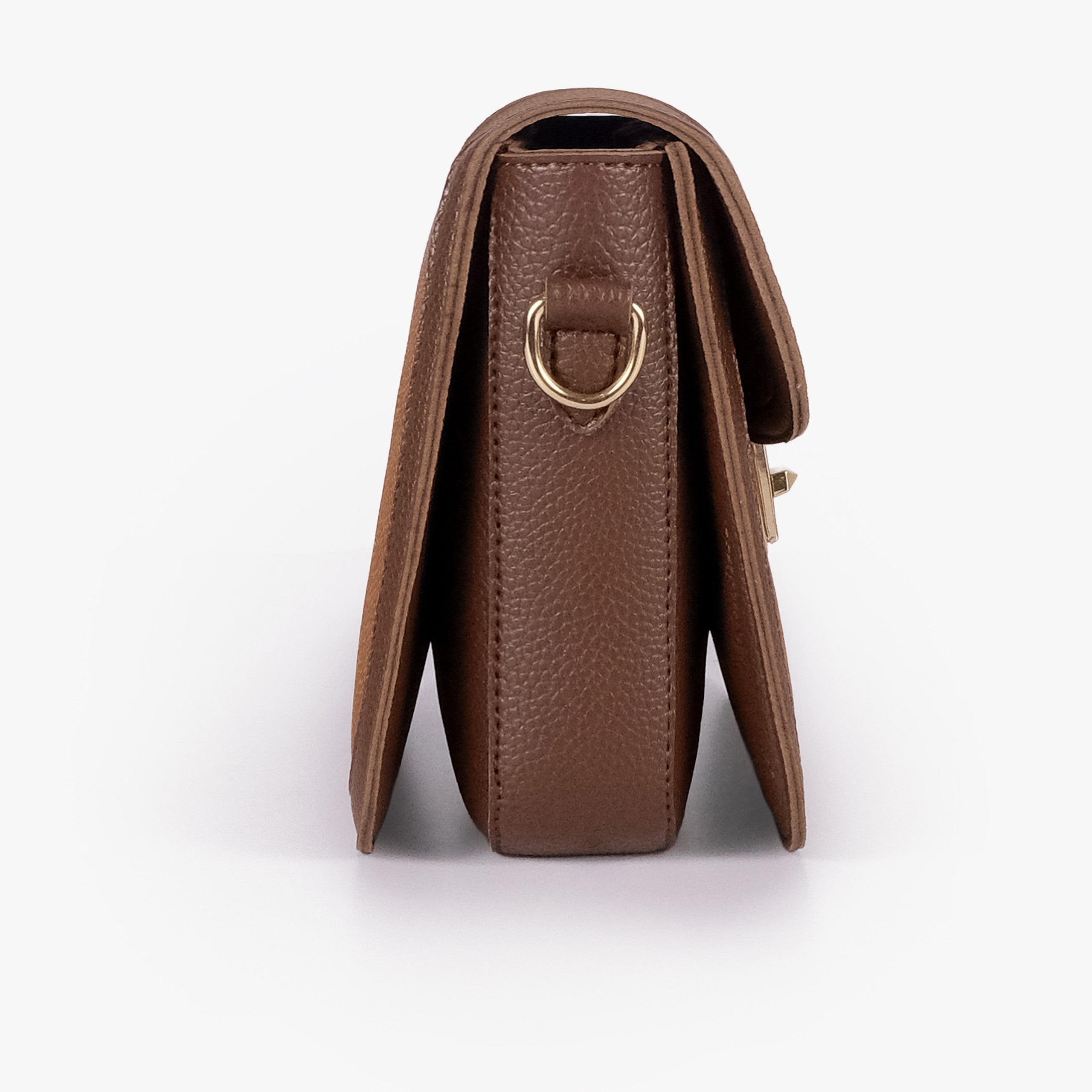Tan contrast cross-body bag — side profile showing slim gusset and gold D-ring on chocolate pebbled trim