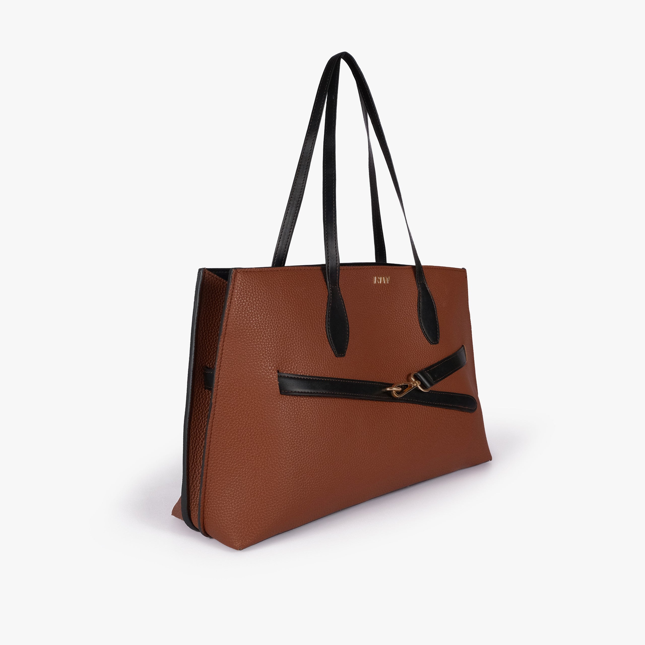 Cognac pebbled tote with black smooth handles and decorative front belt strap — hero 3/4 view, gold doglock buckle, mini RTW logo at top center