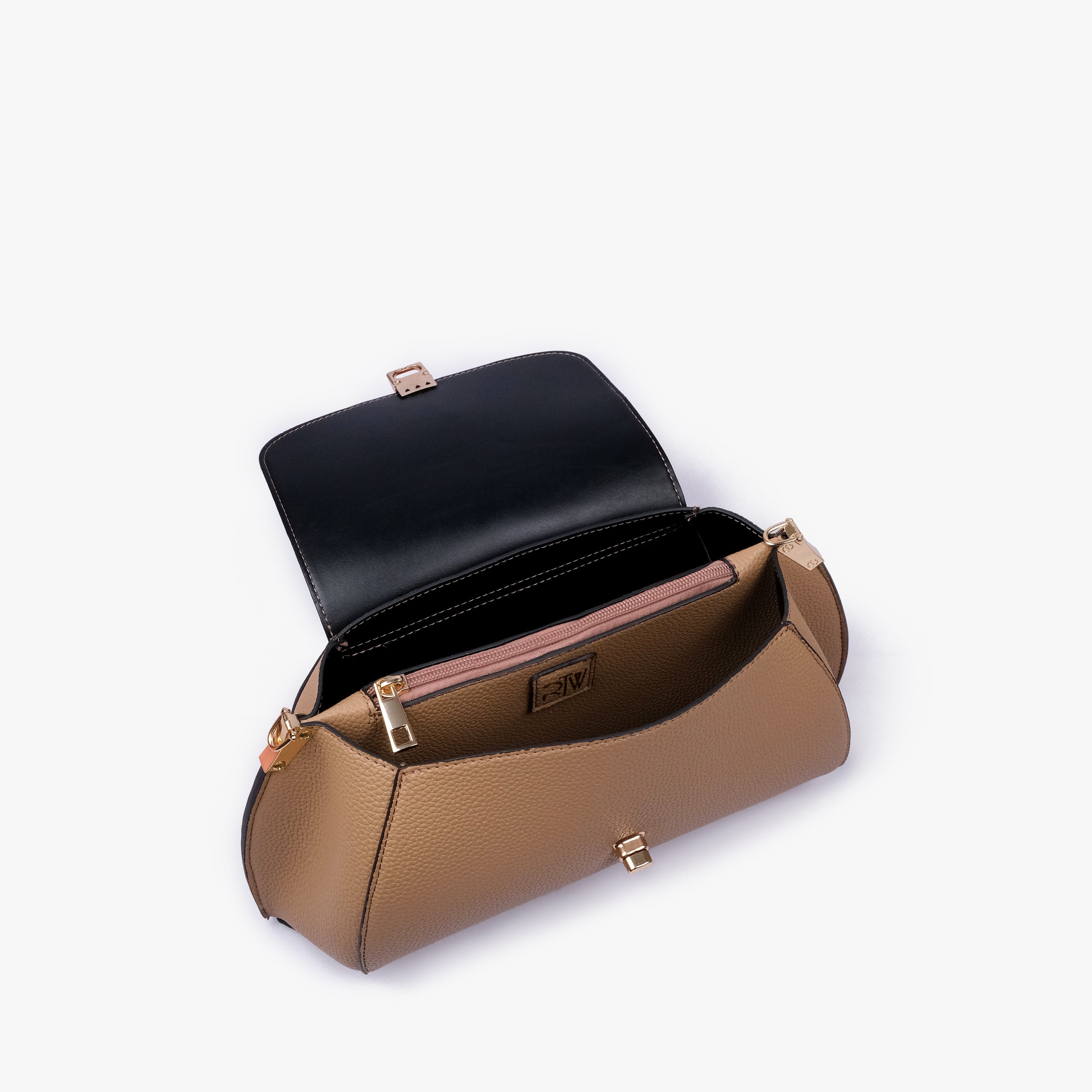 Interior of Coffee pebble baguette bag showing the zippered main compartment